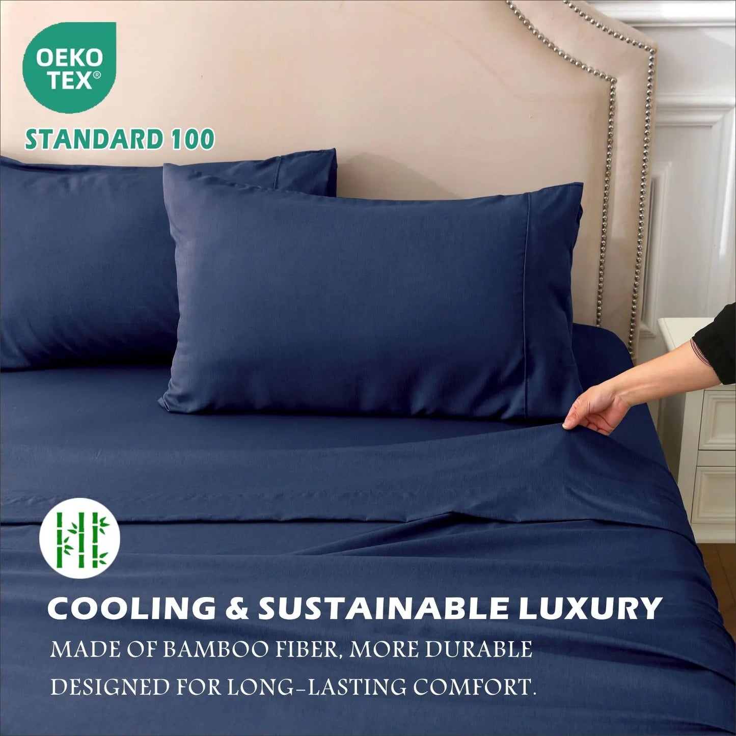 4 Piece Hotel Bamboo Cooling Sheet Set -Ultra Soft 2000TC Breathable Bed Sheets Set with 37 Centimetre Deep Pocket-Cooling Sheets for Hot Sleepers(Navy,King) - Image 6