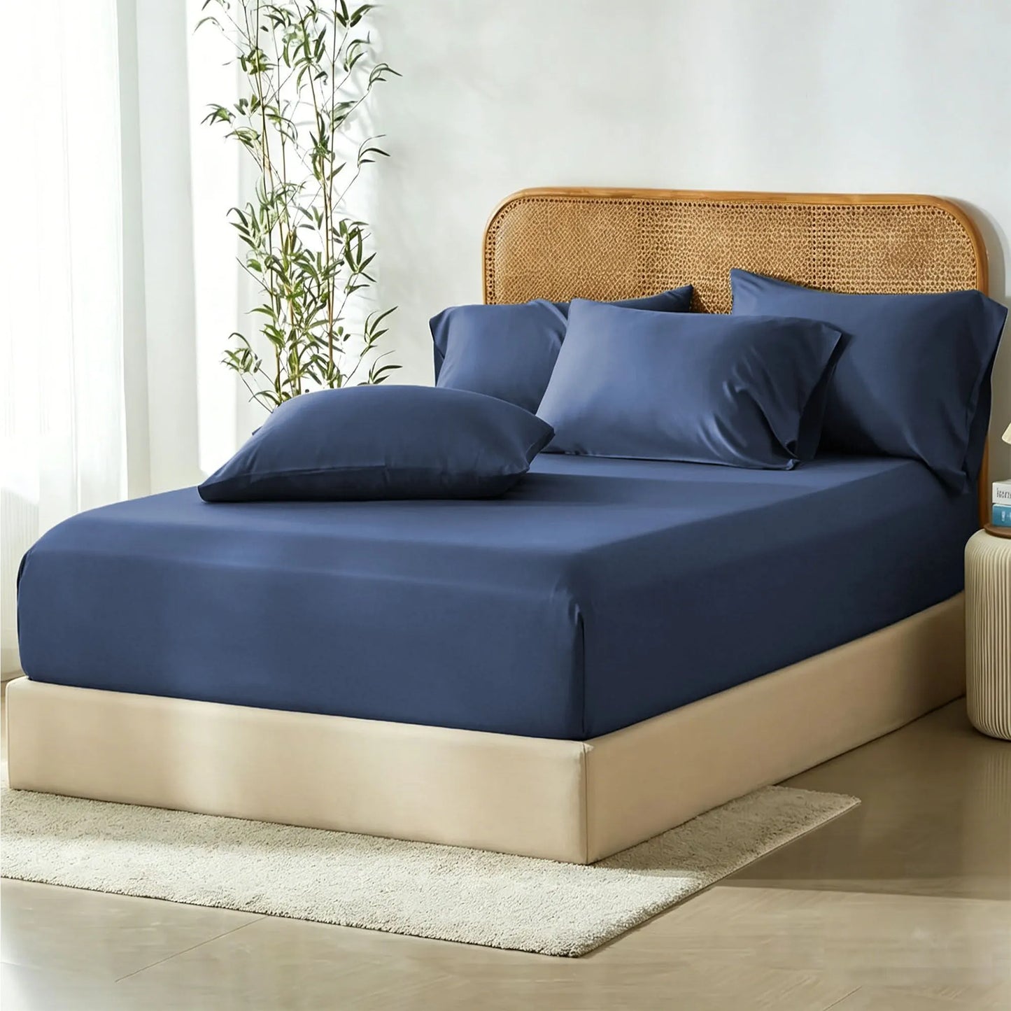 3 Piece Hotel Bamboo Cooling Fitted Sheet Set & Pillowcase -Ultra Soft 2000TC Breathable Fitted Bed Sheets Set with 37 Centimetre Deep Pocket-Cooling Sheets for Hot Sleepers(Navy,Queen)
