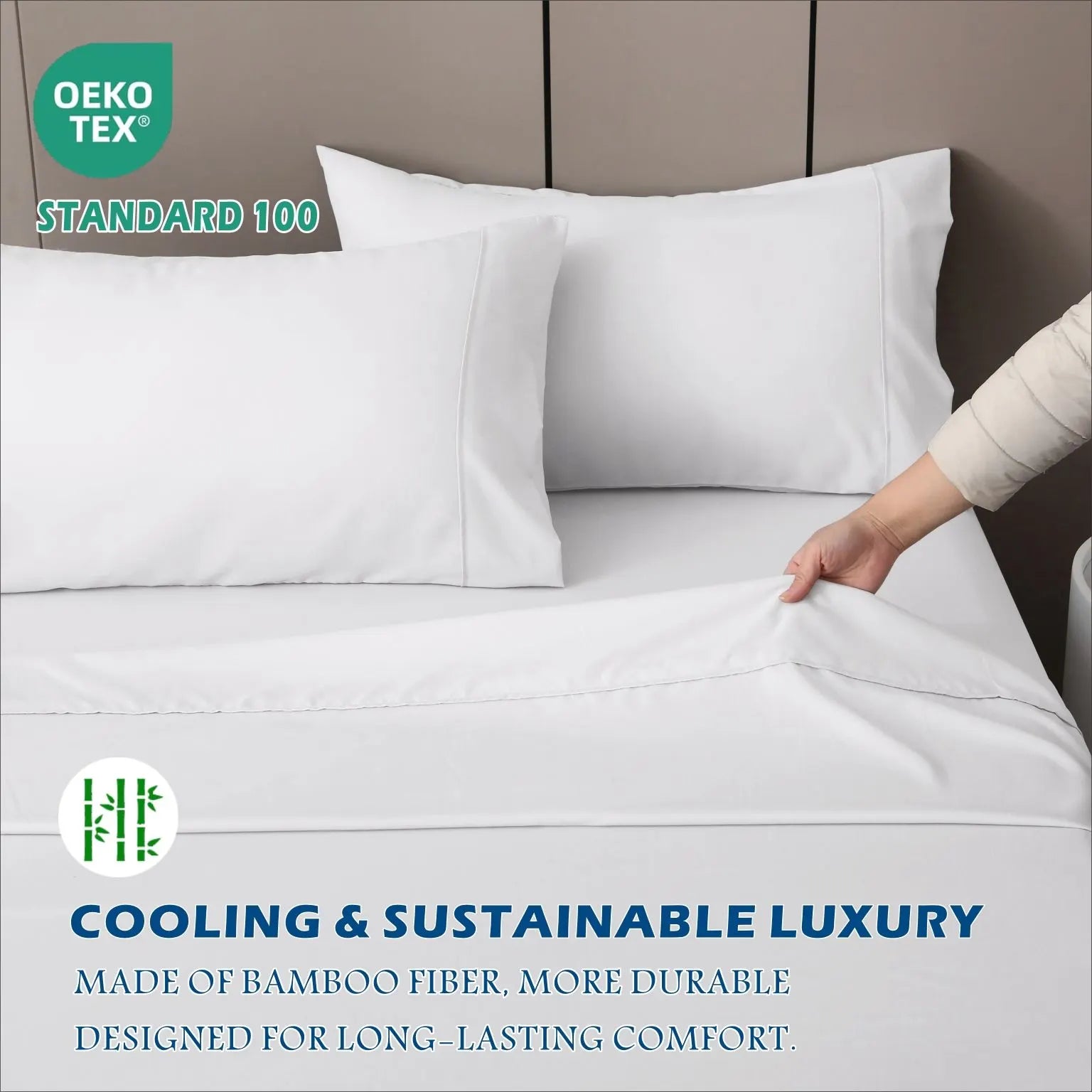 4 Piece Hotel Bamboo Cooling Sheet Set -Ultra Soft 2000TC Breathable Bed Sheets Set with 37 Centimetre Deep Pocket-Cooling Sheets for Hot Sleepers(White,Queen) - Image 6