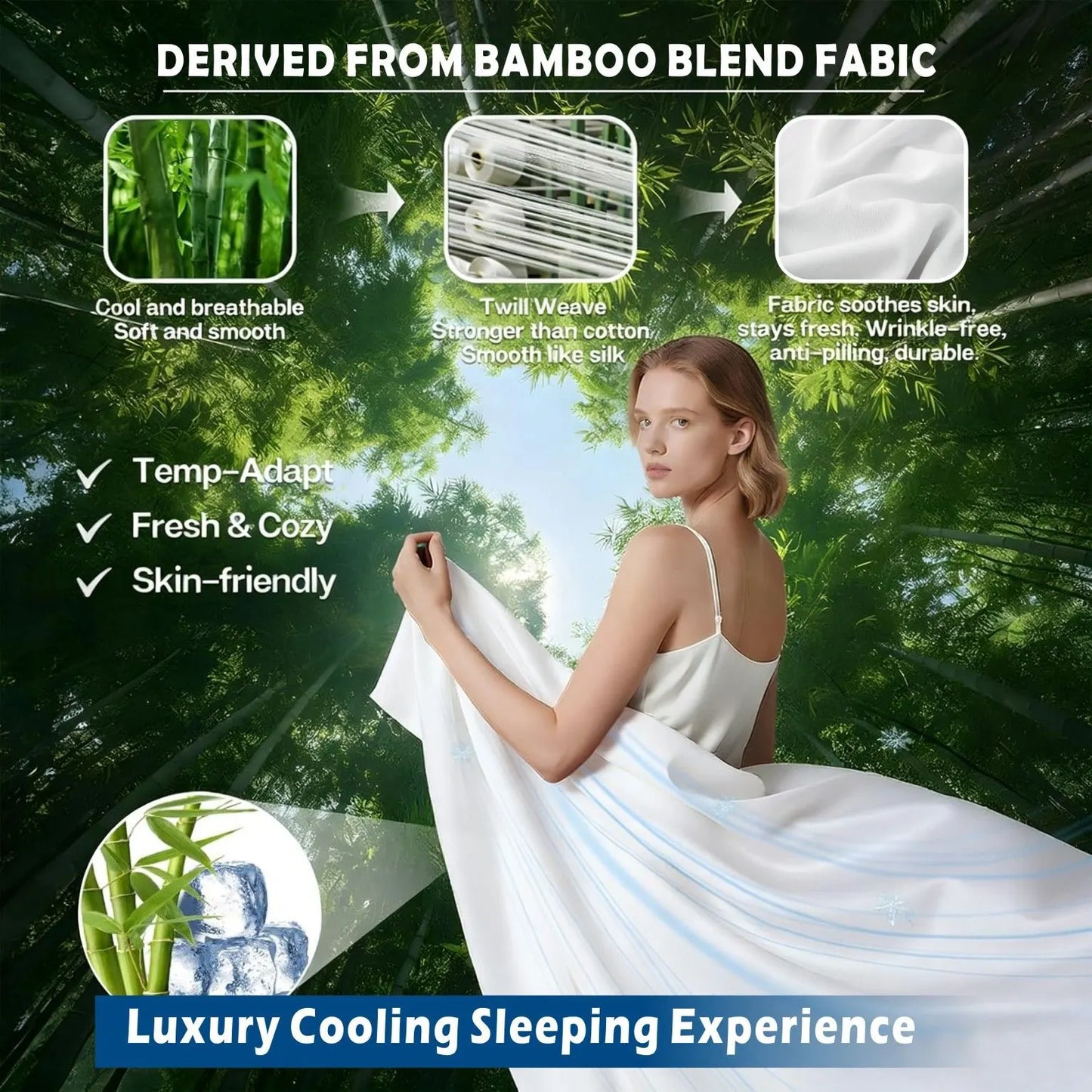3 Piece Hotel Bamboo Cooling Sheet Set -Ultra Soft 2000TC Breathable Bed Sheets Set with 37 Centimetre Deep Pocket-Cooling Sheets for Hot Sleepers(White,Single) - Image 3