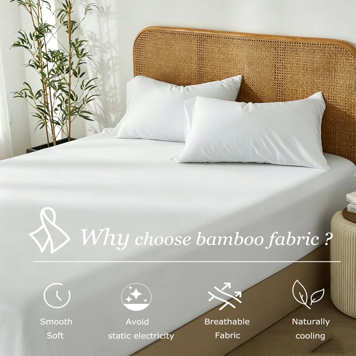 3 Piece Hotel Bamboo Cooling Fitted Sheet Set & Pillowcase -Ultra Soft 2000TC Breathable Fitted Bed Sheets Set with 37 Centimetre Deep Pocket-Cooling Sheets for Hot Sleepers(White,Super King) - Image 3