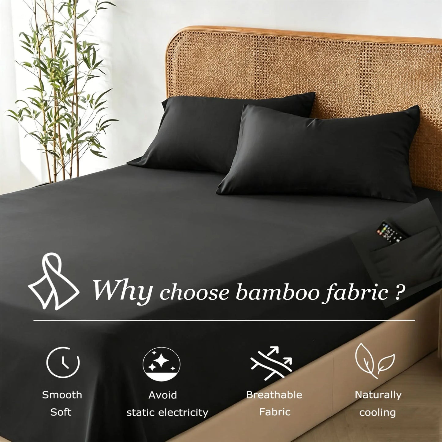 3 Piece Hotel Bamboo Cooling Fitted Sheet Set & Pillowcase -Ultra Soft 2000TC Breathable Fitted Bed Sheets Set with 37 Centimetre Deep Pocket-Cooling Sheets for Hot Sleepers(Black,Super King) - Image 3