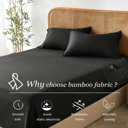 3 Piece Hotel Bamboo Cooling Fitted Sheet Set & Pillowcase -Ultra Soft 2000TC Breathable Fitted Bed Sheets Set with 37 Centimetre Deep Pocket-Cooling Sheets for Hot Sleepers(Black,Super King) - Image 3