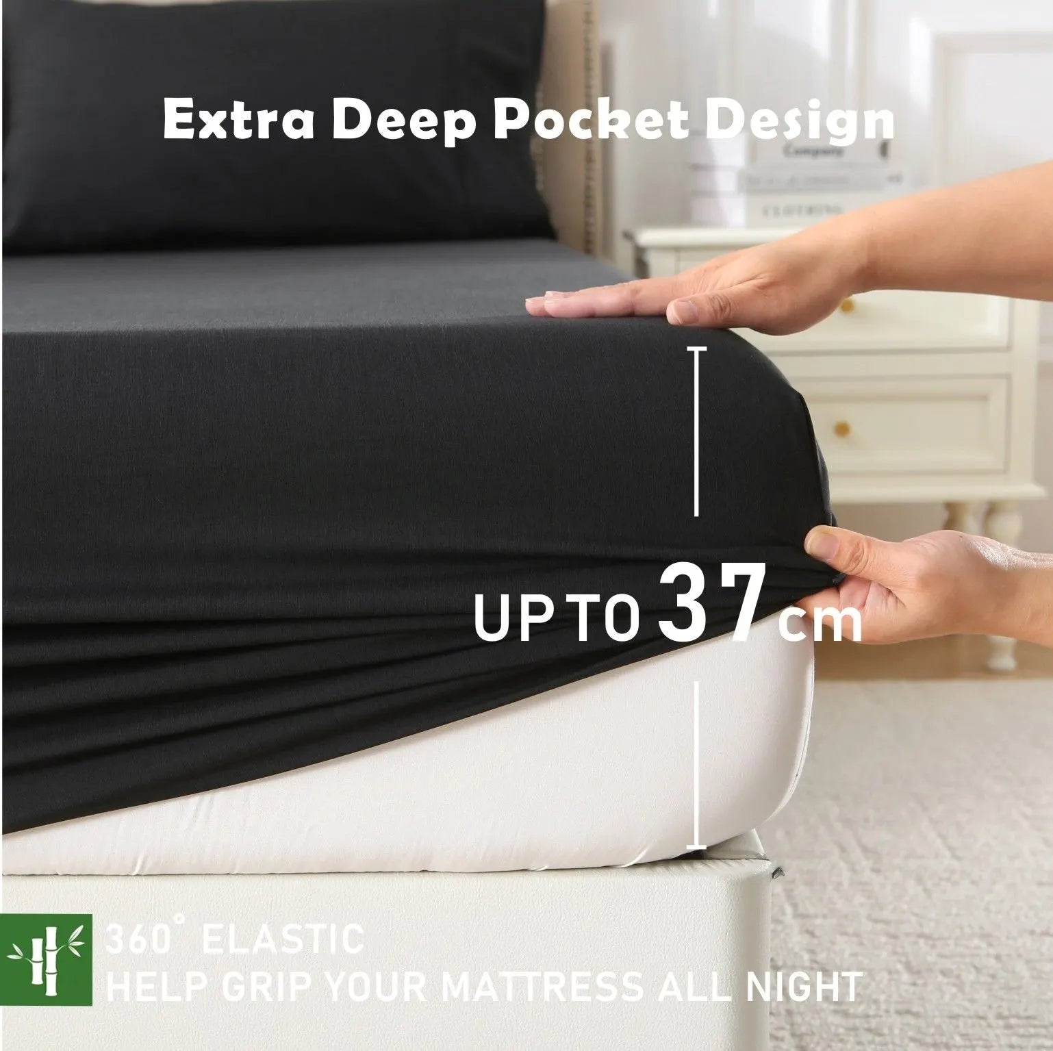 3 Piece Hotel Bamboo Cooling Fitted Sheet Set & Pillowcase -Ultra Soft 2000TC Breathable Fitted Bed Sheets Set with 37 Centimetre Deep Pocket-Cooling Sheets for Hot Sleepers(Black,Super King) - Image 4
