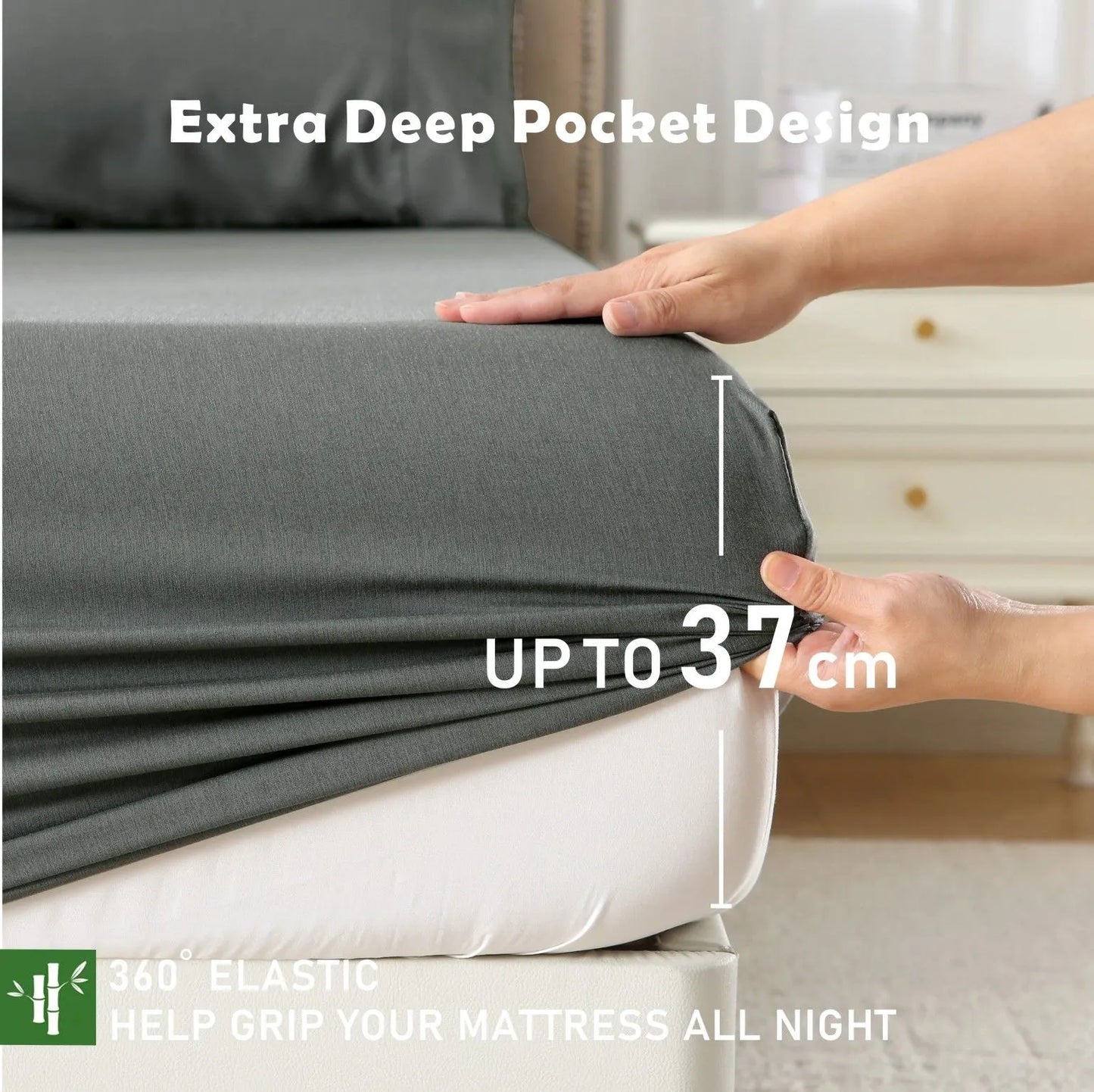 3 Piece Hotel Bamboo Cooling Fitted Sheet Set & Pillowcase -Ultra Soft 2000TC Breathable Fitted Bed Sheets Set with 37 Centimetre Deep Pocket-Cooling Sheets for Hot Sleepers(Grey,Super King) - Image 3