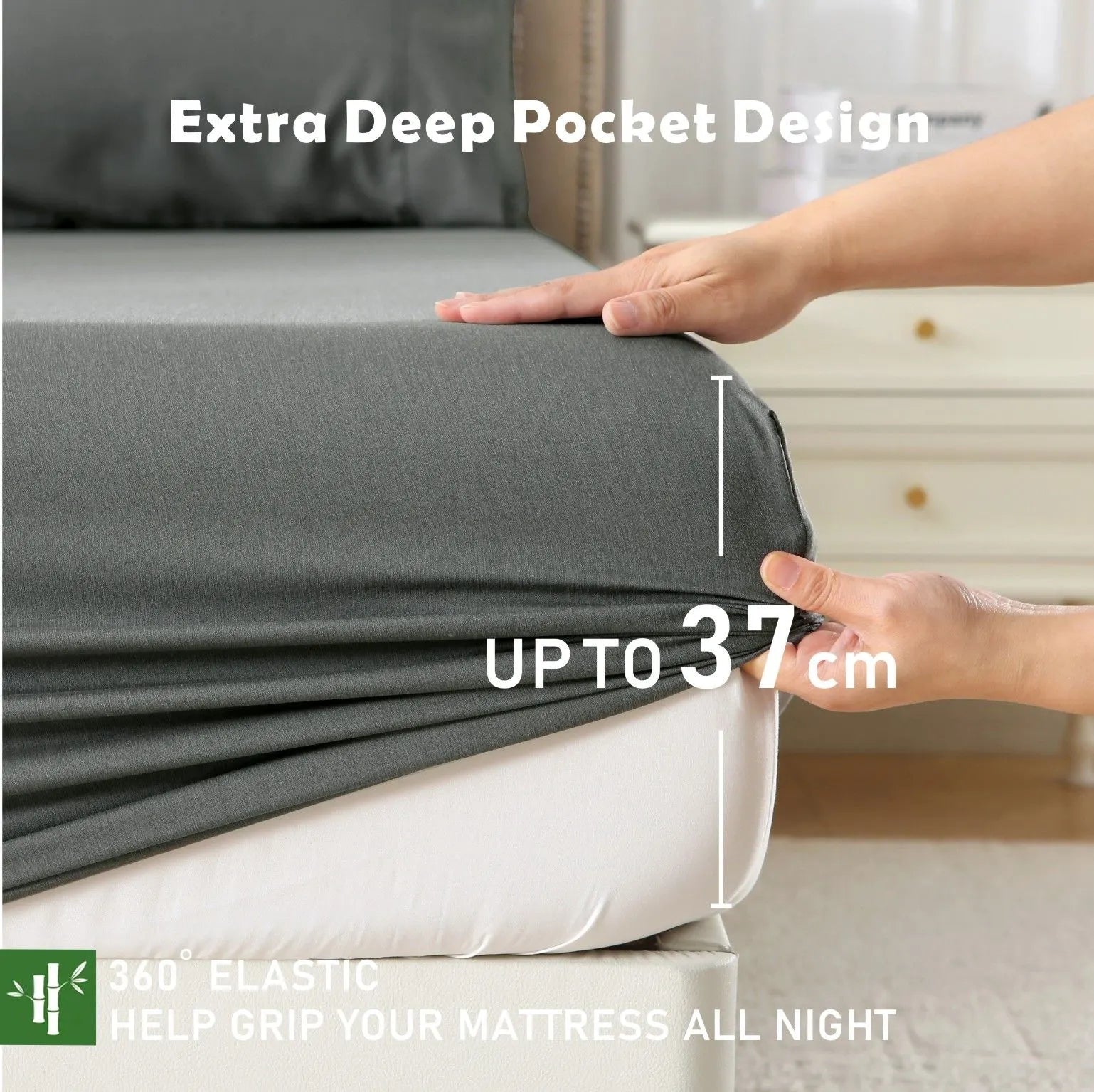3 Piece Hotel Bamboo Cooling Fitted Sheet Set & Pillowcase -Ultra Soft 2000TC Breathable Fitted Bed Sheets Set with 37 Centimetre Deep Pocket-Cooling Sheets for Hot Sleepers(Grey,Super King) - Image 3