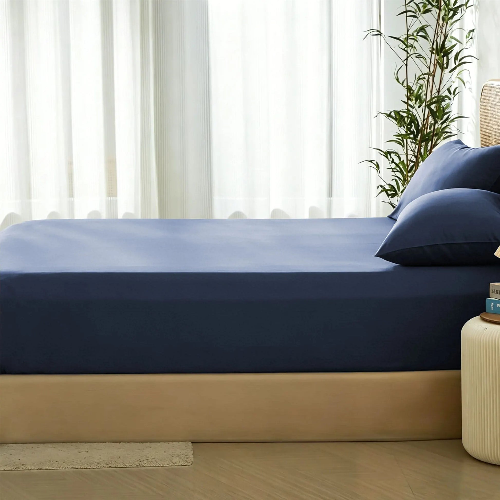 3 Piece Hotel Bamboo Cooling Fitted Sheet Set & Pillowcase -Ultra Soft 2000TC Breathable Fitted Bed Sheets Set with 37 Centimetre Deep Pocket-Cooling Sheets for Hot Sleepers(Navy,Super King) - Image 2