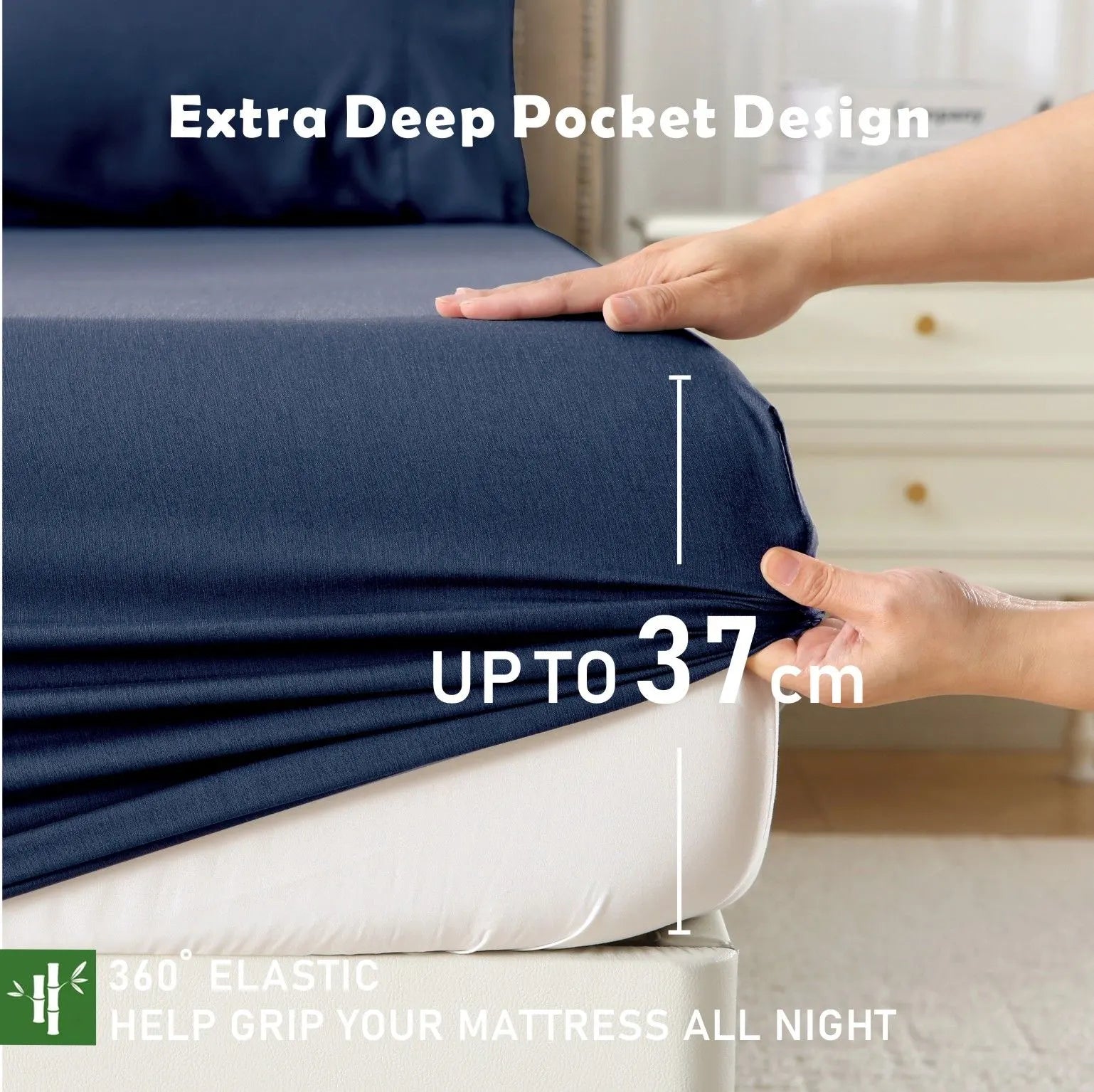 3 Piece Hotel Bamboo Cooling Fitted Sheet Set & Pillowcase -Ultra Soft 2000TC Breathable Fitted Bed Sheets Set with 37 Centimetre Deep Pocket-Cooling Sheets for Hot Sleepers(Navy,Super King) - Image 4