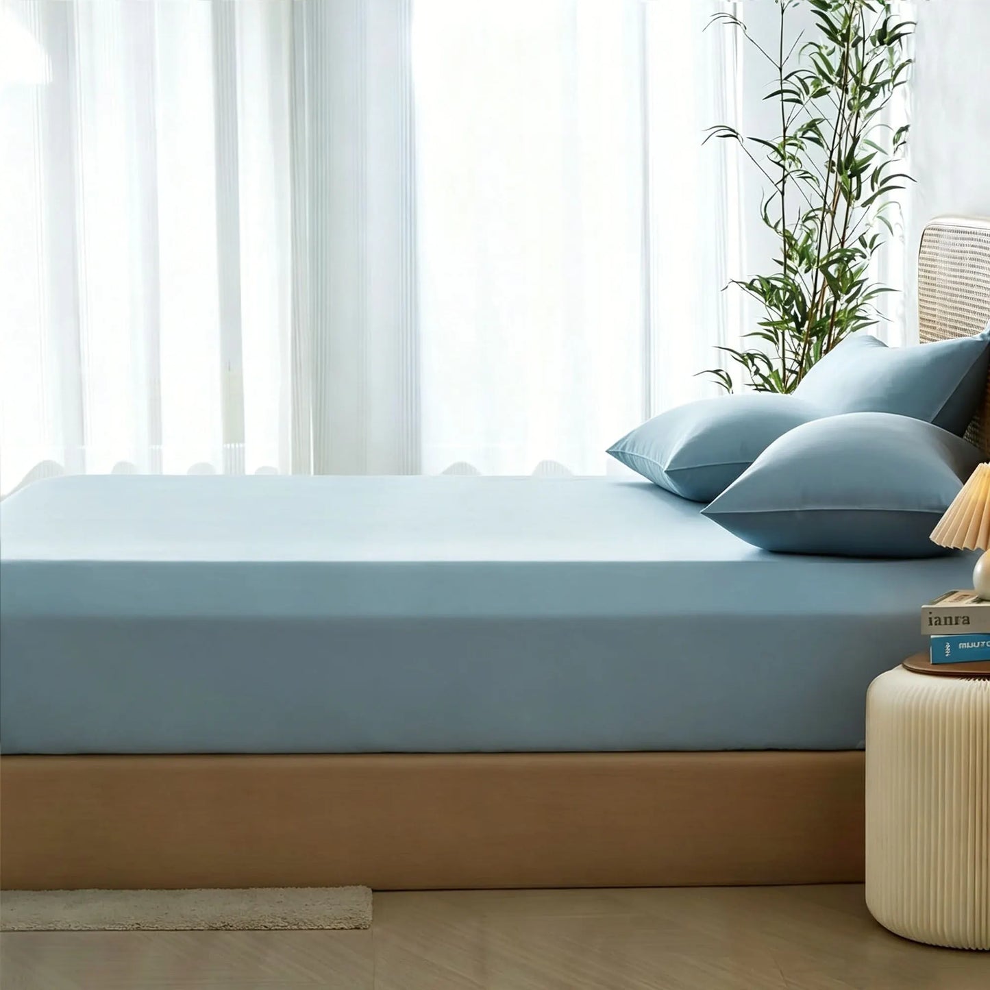 3 Piece Hotel Bamboo Cooling Fitted Sheet Set & Pillowcase -Ultra Soft 2000TC Breathable Fitted Bed Sheets Set with 37 Centimetre Deep Pocket-Cooling Sheets for Hot Sleepers(Sky Blue,Super King) - Image 2
