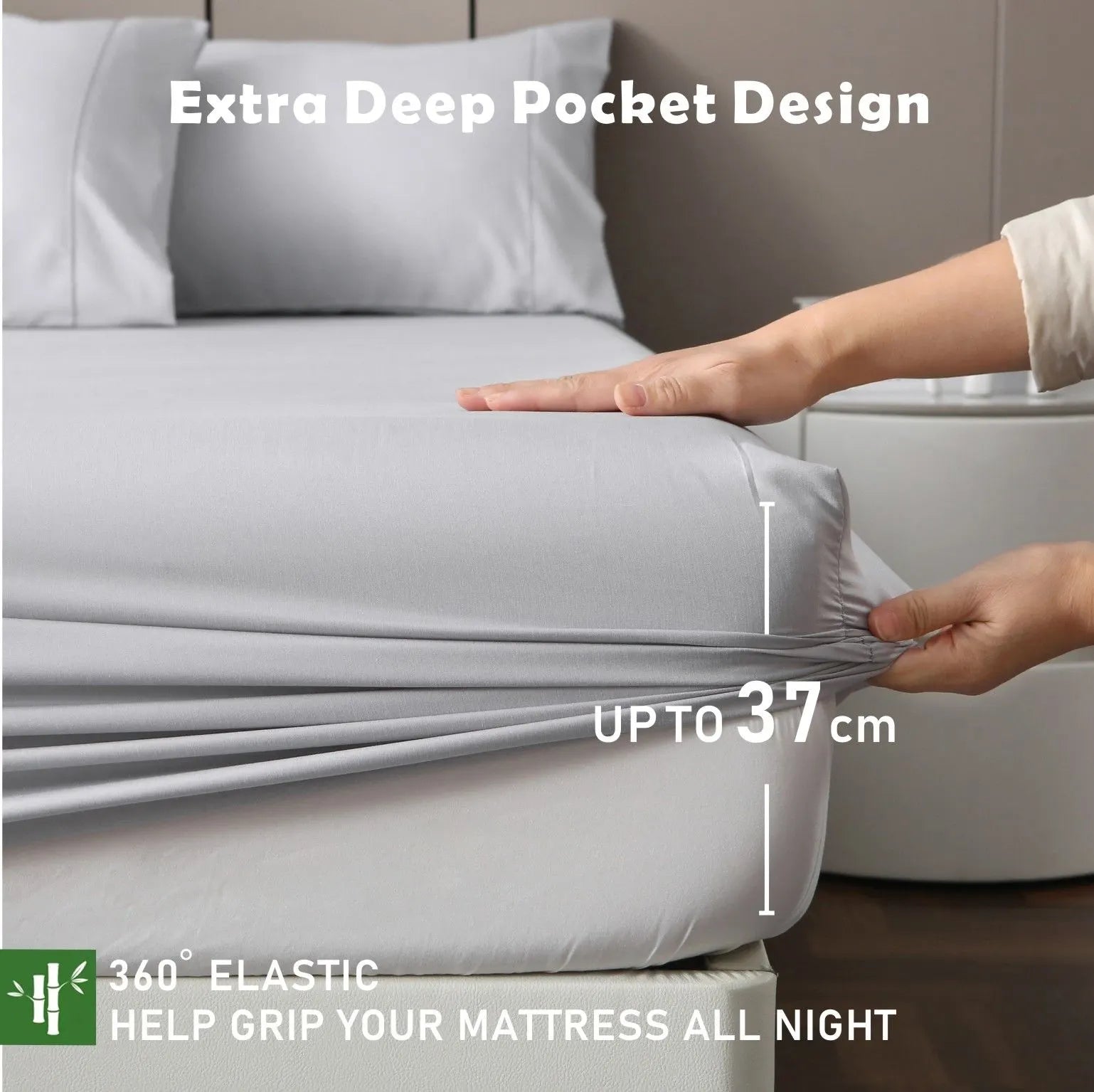 3 Piece Hotel Bamboo Cooling Fitted Sheet Set & Pillowcase -Ultra Soft 2000TC Breathable Fitted Bed Sheets Set with 37 Centimetre Deep Pocket-Cooling Sheets for Hot Sleepers(Silver-gray,Super King) - Image 4