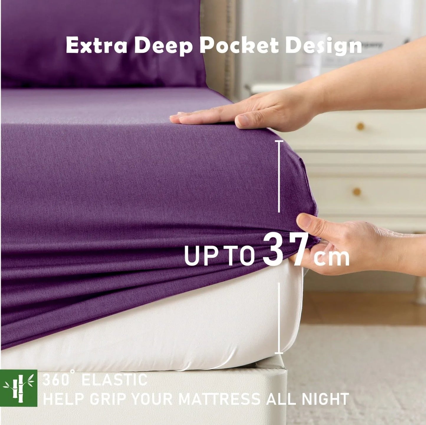 3 Piece Hotel Bamboo Cooling Fitted Sheet Set & Pillowcase -Ultra Soft 2000TC Breathable Fitted Bed Sheets Set with 37 Centimetre Deep Pocket-Cooling Sheets for Hot Sleepers(Purple,Super King) - Image 4