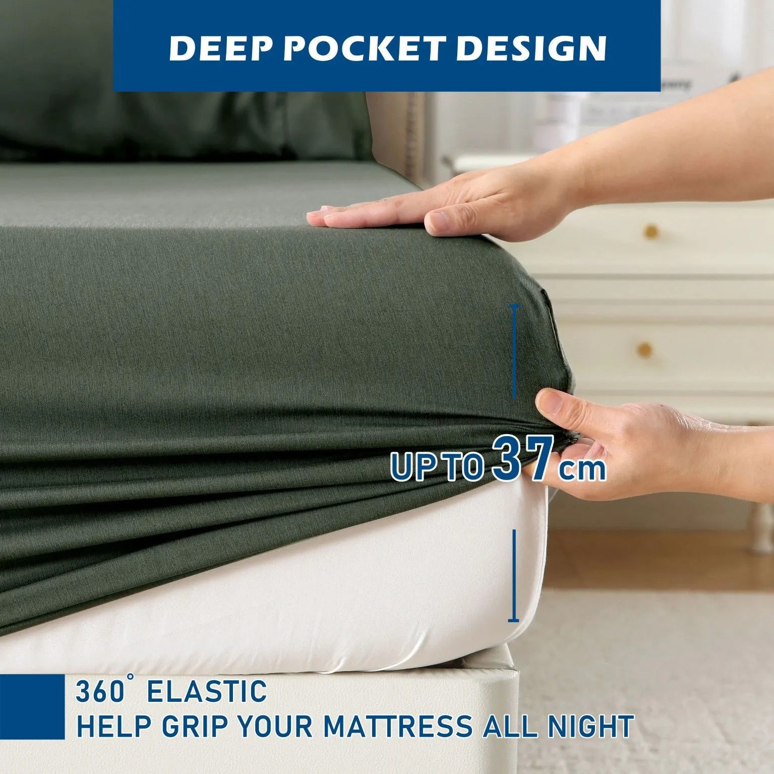 4 Piece Hotel Bamboo Cooling Sheet Set -Ultra Soft 2000TC Breathable Bed Sheets Set with 37 Centimetre Deep Pocket-Cooling Sheets for Hot Sleepers(Olive green,Super King) - Image 4
