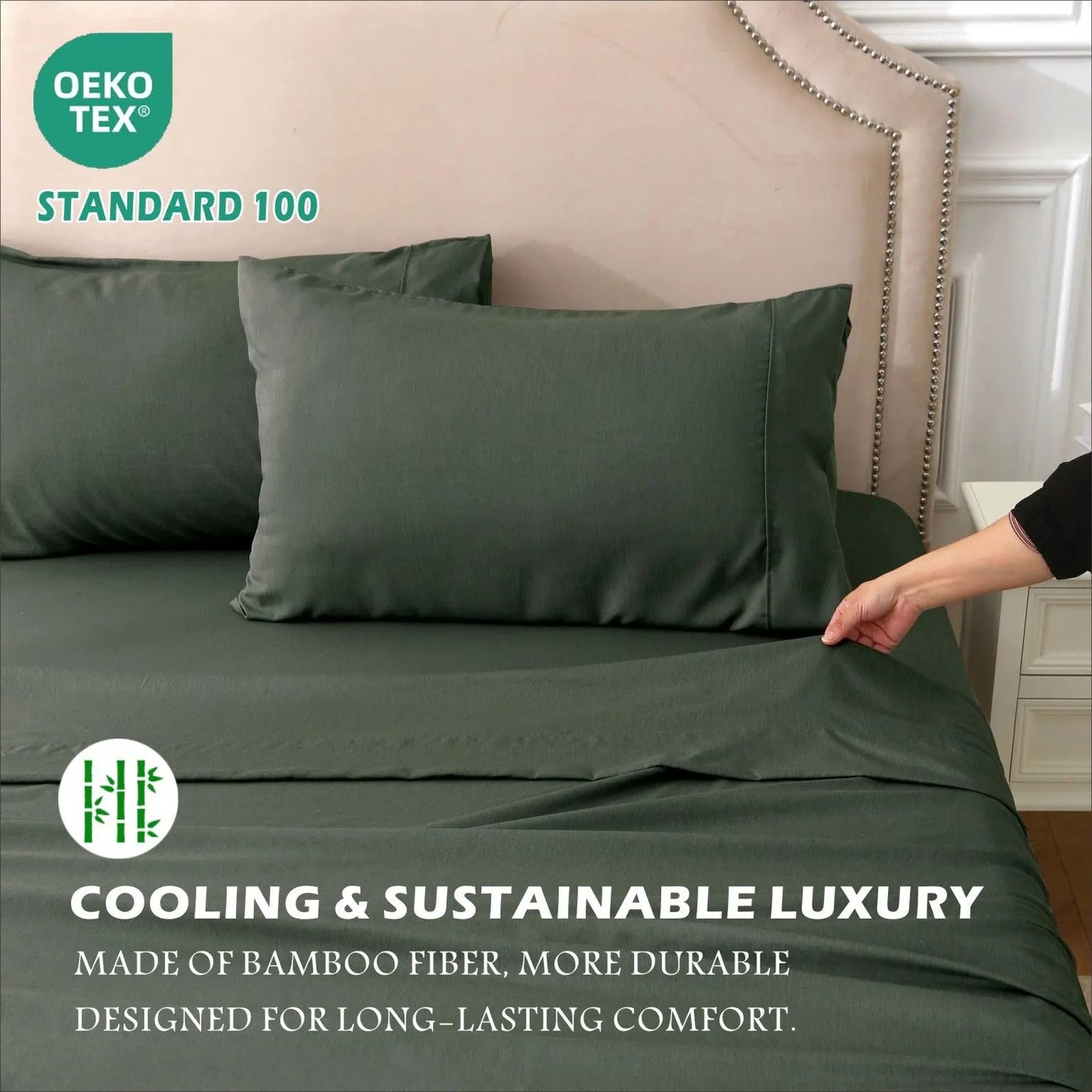 4 Piece Hotel Bamboo Cooling Sheet Set -Ultra Soft 2000TC Breathable Bed Sheets Set with 37 Centimetre Deep Pocket-Cooling Sheets for Hot Sleepers(Olive green,Super King) - Image 5