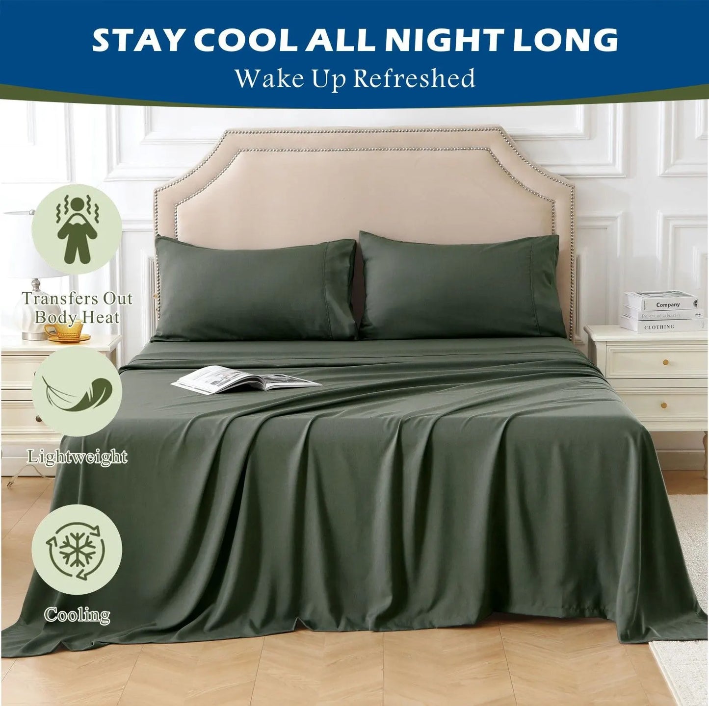 4 Piece Hotel Bamboo Cooling Sheet Set -Ultra Soft 2000TC Breathable Bed Sheets Set with 37 Centimetre Deep Pocket-Cooling Sheets for Hot Sleepers(Olive green,Super King) - Image 6