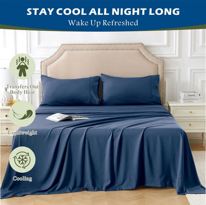 4 Piece Hotel Bamboo Cooling Sheet Set -Ultra Soft 2000TC Breathable Bed Sheets Set with 37 Centimetre Deep Pocket-Cooling Sheets for Hot Sleepers(Navy,Super King) - Image 7