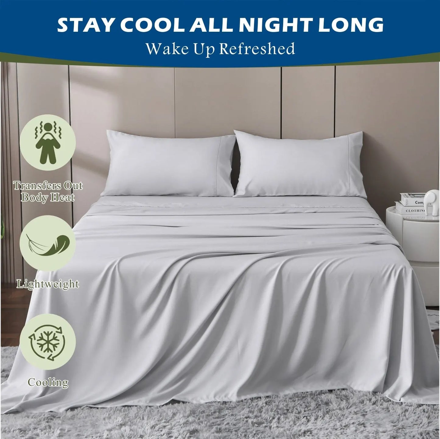4 Piece Hotel Bamboo Cooling Sheet Set -Ultra Soft 2000TC Breathable Bed Sheets Set with 37 Centimetre Deep Pocket-Cooling Sheets for Hot Sleepers(Silver-gray,Super King) - Image 7