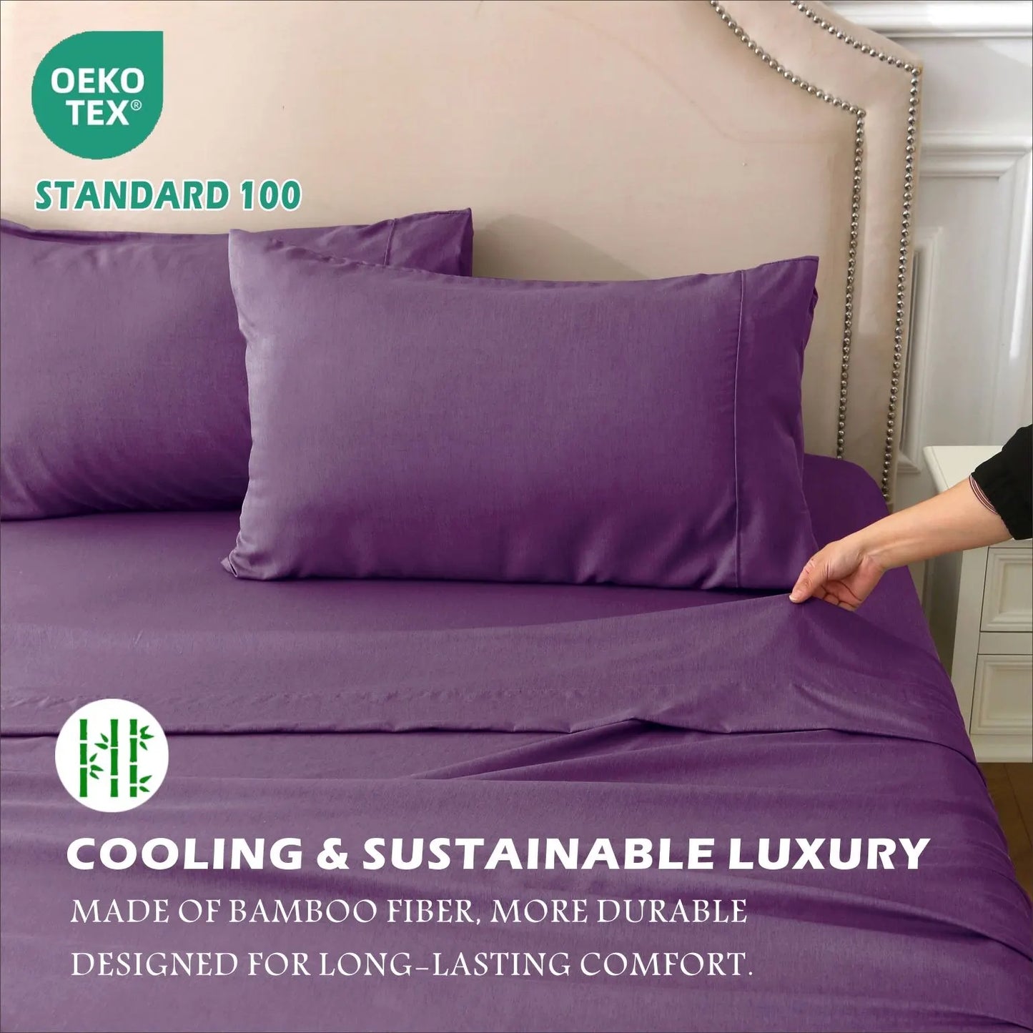 4 Piece Hotel Bamboo Cooling Sheet Set -Ultra Soft 2000TC Breathable Bed Sheets Set with 37 Centimetre Deep Pocket-Cooling Sheets for Hot Sleepers(Purple,Super King) - Image 6