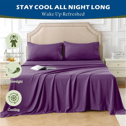 4 Piece Hotel Bamboo Cooling Sheet Set -Ultra Soft 2000TC Breathable Bed Sheets Set with 37 Centimetre Deep Pocket-Cooling Sheets for Hot Sleepers(Purple,Super King) - Image 7