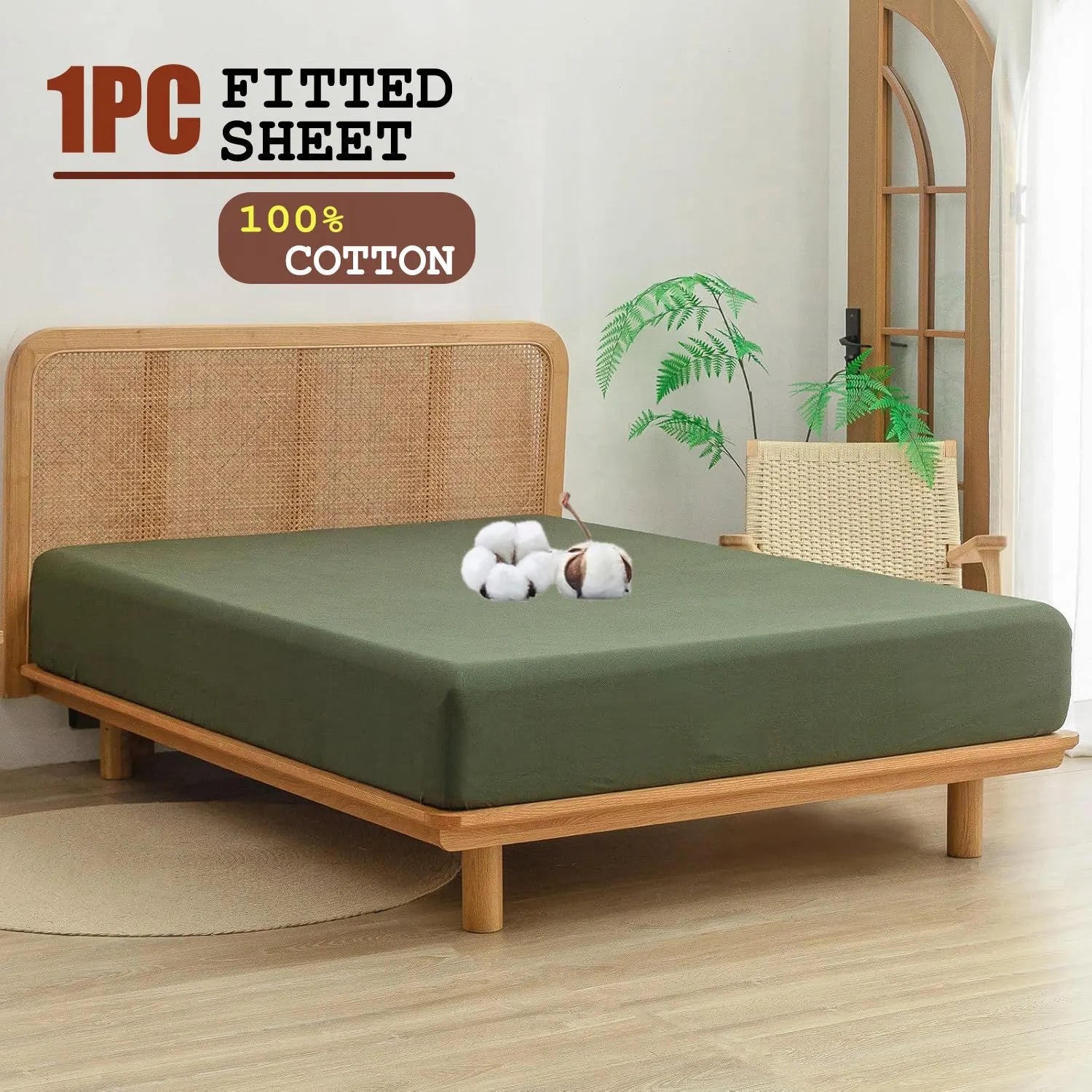100% Cotton Fitted Sheet - Super Soft 40cm Deep Pocket Bottom Sheets - White Elastic Sheet（Double,Olive green)