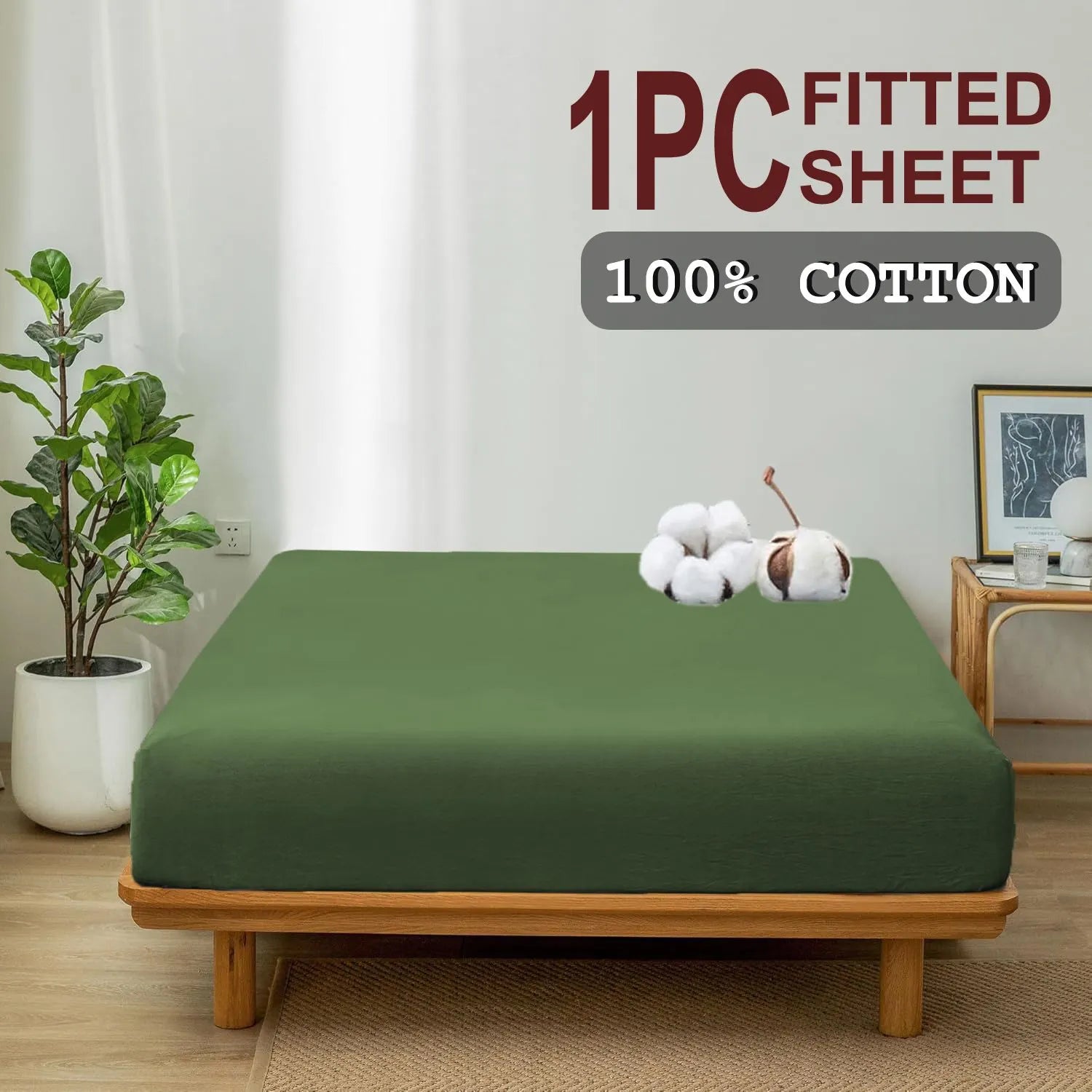 100% Cotton Fitted Sheet - Super Soft 40cm Deep Pocket Bottom Sheets - White Elastic Sheet（Double,Olive green) - Image 2