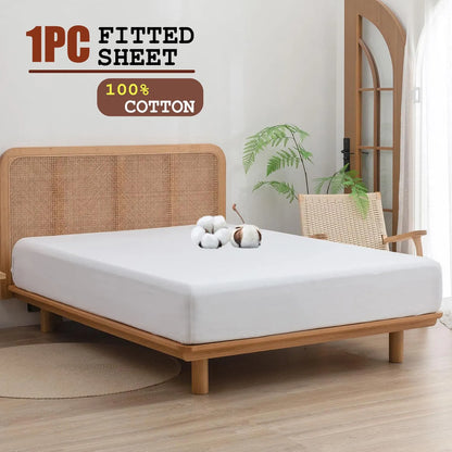 100% Cotton Fitted Sheet - Super Soft 40cm Deep Pocket Bottom Sheets - White Elastic Sheet（King,White)