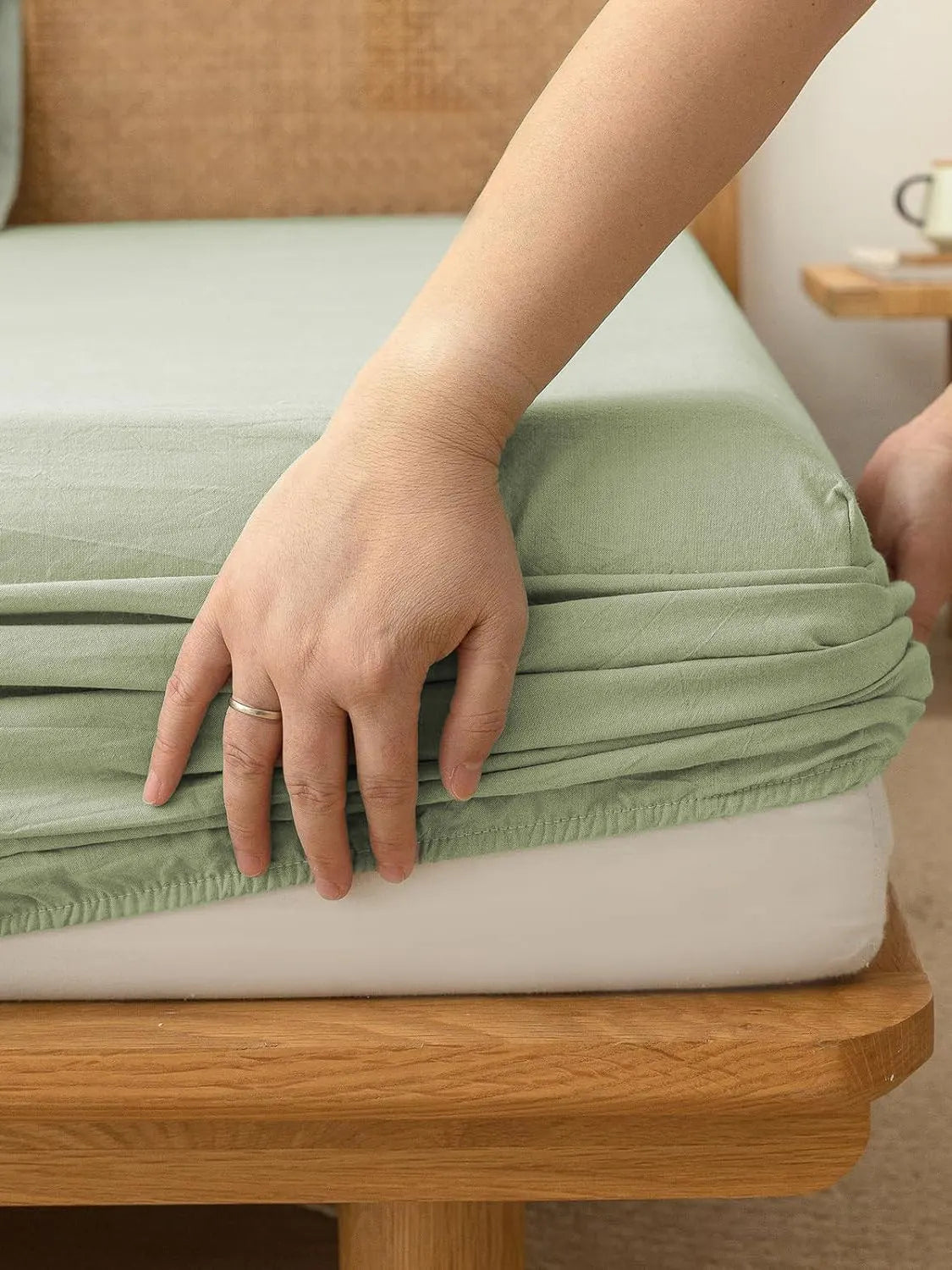 100% Cotton Fitted Sheet - Super Soft 40cm Deep Pocket Bottom Sheets - White Elastic Sheet（Queen,Green beans) - Image 3