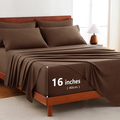 Hotel Soft Bed Sheet Set- Bedding Sheets & Pillowcases -Breathable Bedding - Wrinkle, Fade, Stain Resistant-Deep Pocket Flat Fitted Bed Sheet Set(Chocolate,Double)
