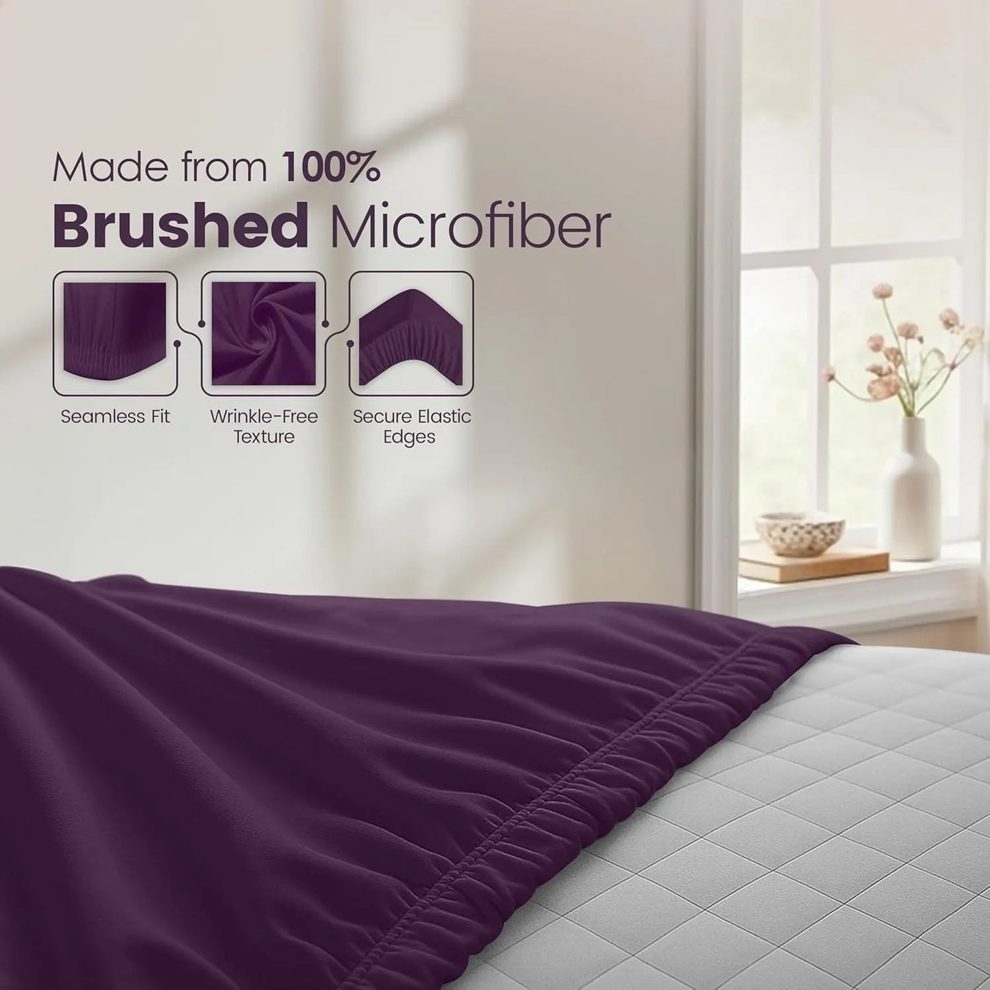 Hotel Quality Fitted Sheet - 1 Piece Fitted Sheet  -Breathable Bedding - Wrinkle, Fade, Stain Resistant- 16inch/40cm Deep Pocket Fitted Bed Sheet-Wrinkle and Fade Resistant,(Purple,Double) - Image 6