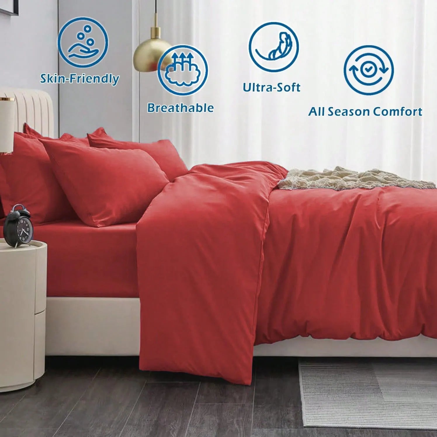 Hotel Soft Microfiber Duvet Cover Set-2000TC Quilt Cover Set & Pillowcases -1 Donna Cover Zipper Closure & 1 x Pillowcases-Breathable Bedding - Wrinkle, Fade, Stain Resistant(Red,King) - Image 4