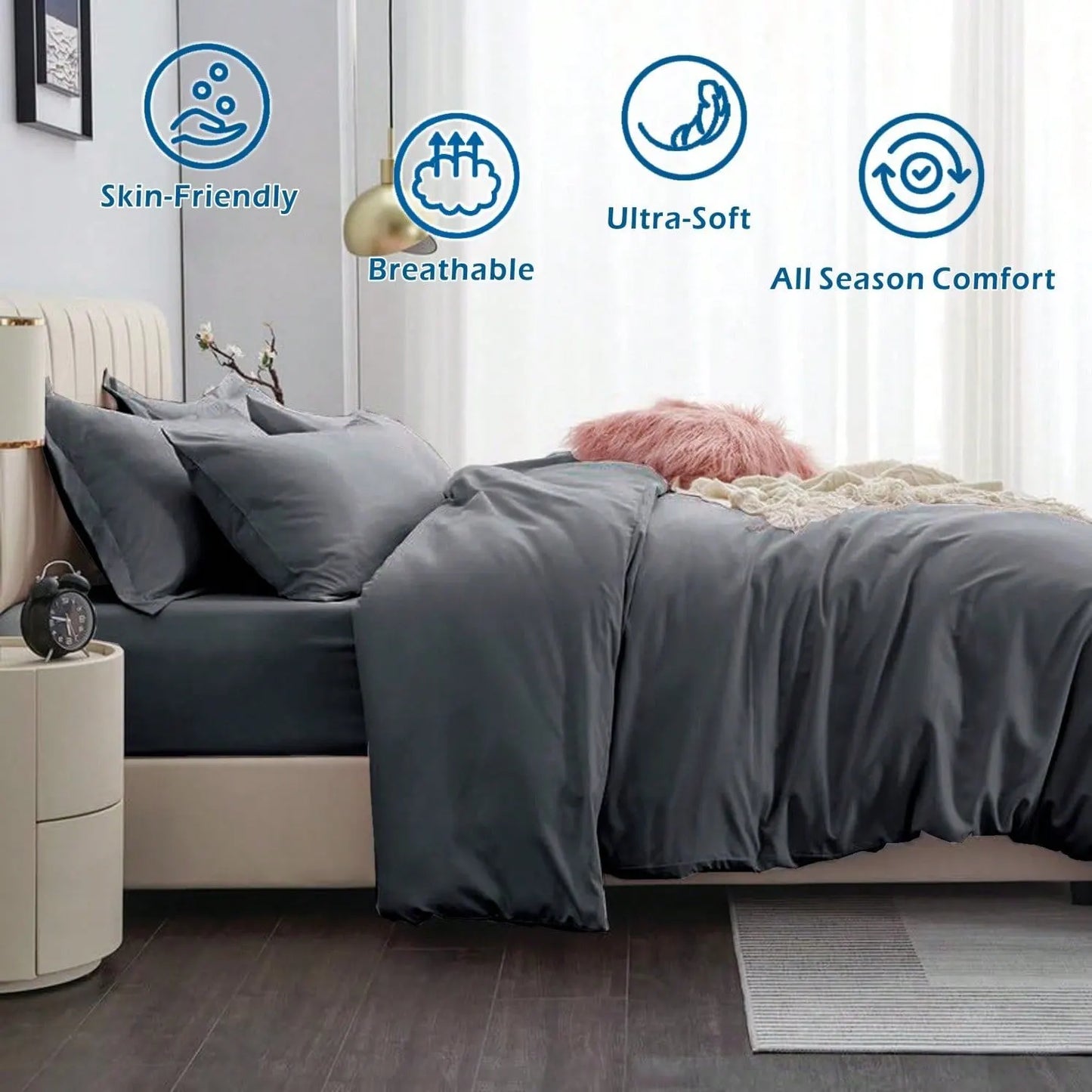 Hotel Soft Microfiber Duvet Cover Set-2000TC Quilt Cover Set & Pillowcases -1 Donna Cover Zipper Closure & 1 x Pillowcases-Breathable Bedding - Wrinkle, Fade, Stain Resistant(Dark gray,King) - Image 3