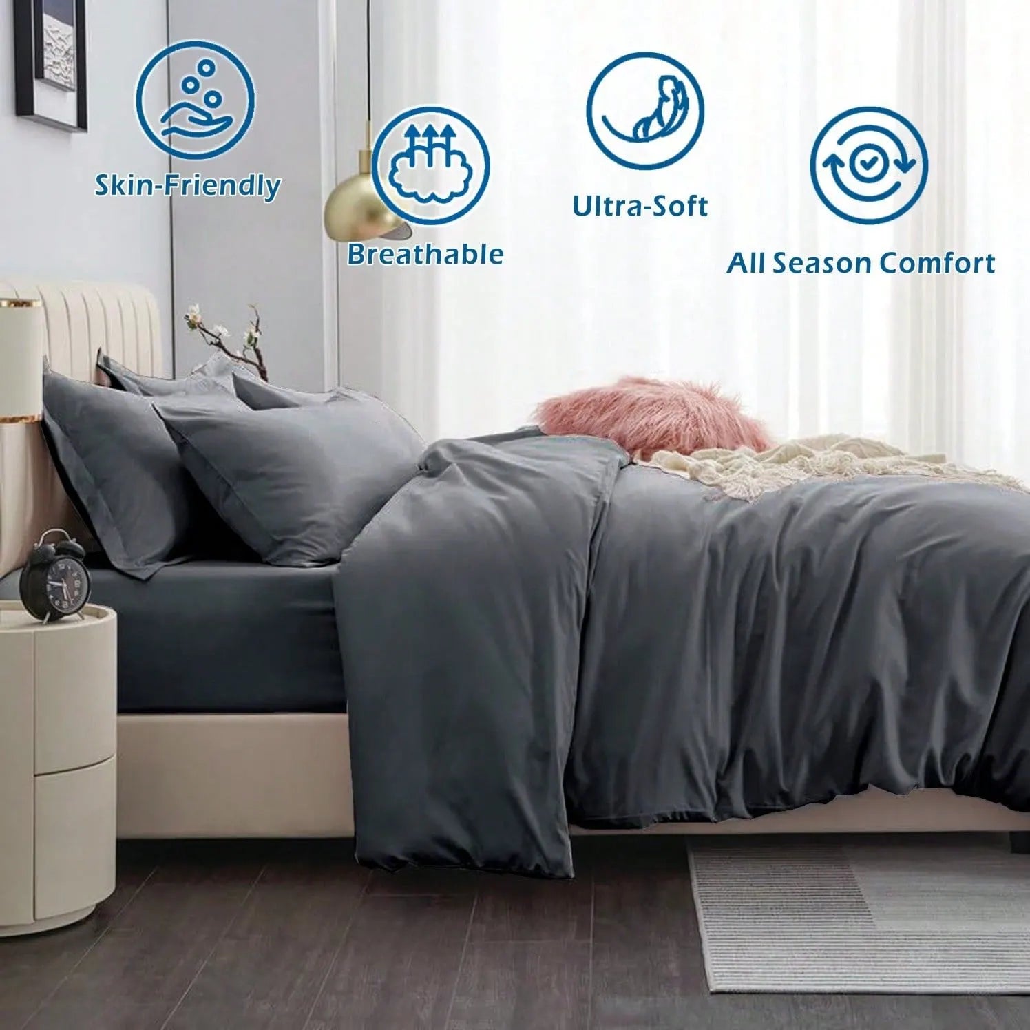 Hotel Soft Microfiber Duvet Cover Set-2000TC Quilt Cover Set & Pillowcases -1 Donna Cover Zipper Closure & 1 x Pillowcases-Breathable Bedding - Wrinkle, Fade, Stain Resistant(Dark gray,King) - Image 3