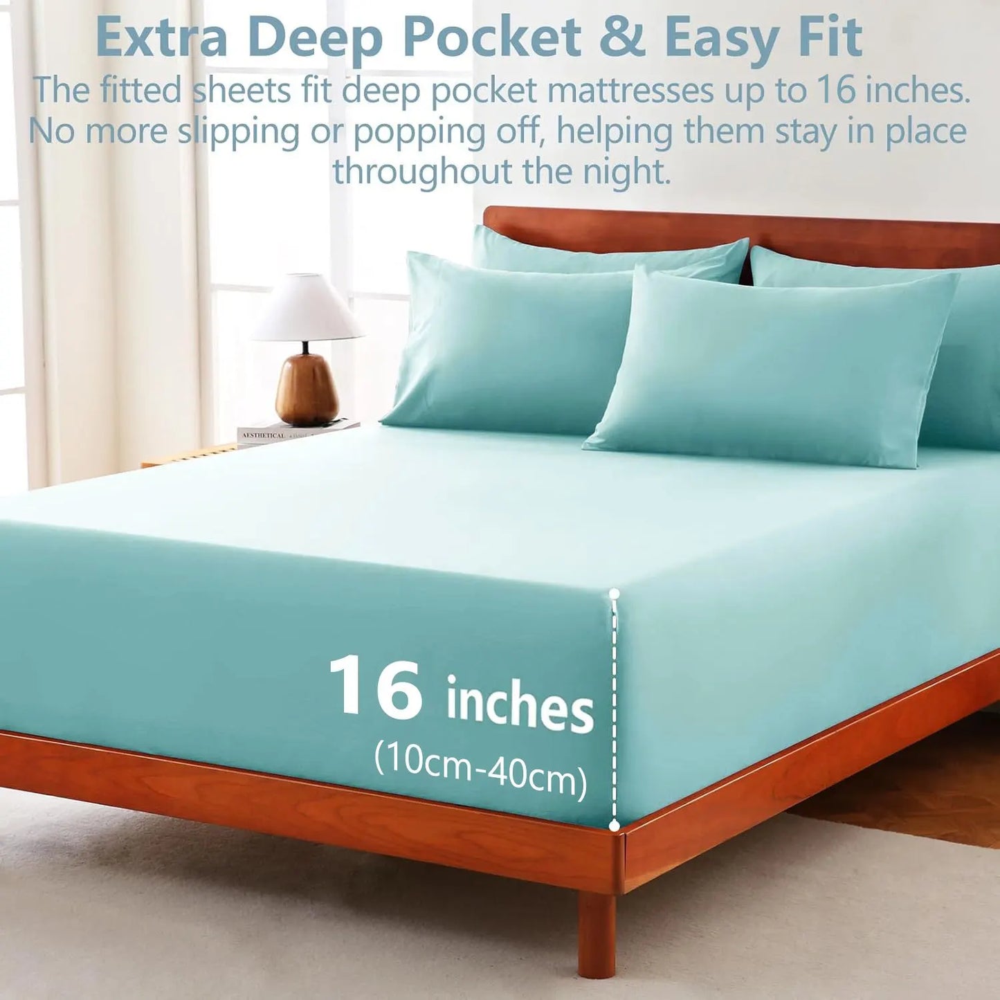 Hotel Soft Bed Sheet Set- Bedding Sheets & Pillowcases -Breathable Bedding - Wrinkle, Fade, Stain Resistant-Deep Pocket Flat Fitted Bed Sheet Set(Ice Blue,King) - Image 2