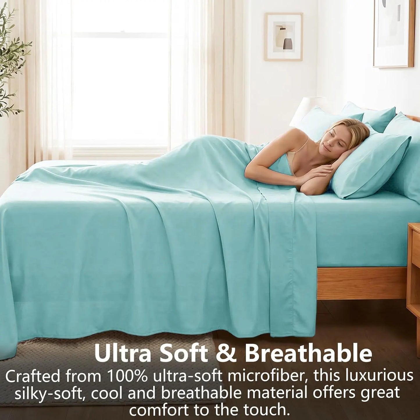 Hotel Soft Bed Sheet Set- Bedding Sheets & Pillowcases -Breathable Bedding - Wrinkle, Fade, Stain Resistant-Deep Pocket Flat Fitted Bed Sheet Set(Ice Blue,King) - Image 3