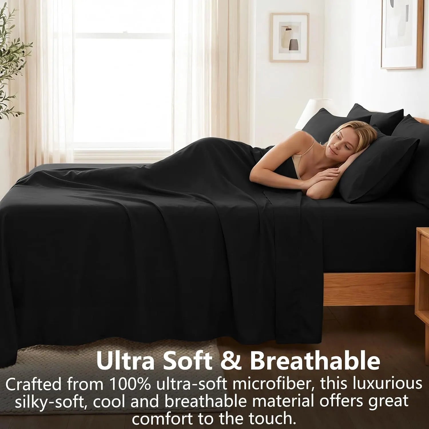 Hotel Soft Bed Sheet Set- Bedding Sheets & Pillowcases -Breathable Bedding - Wrinkle, Fade, Stain Resistant-Deep Pocket Flat Fitted Bed Sheet Set(Black,King) - Image 3