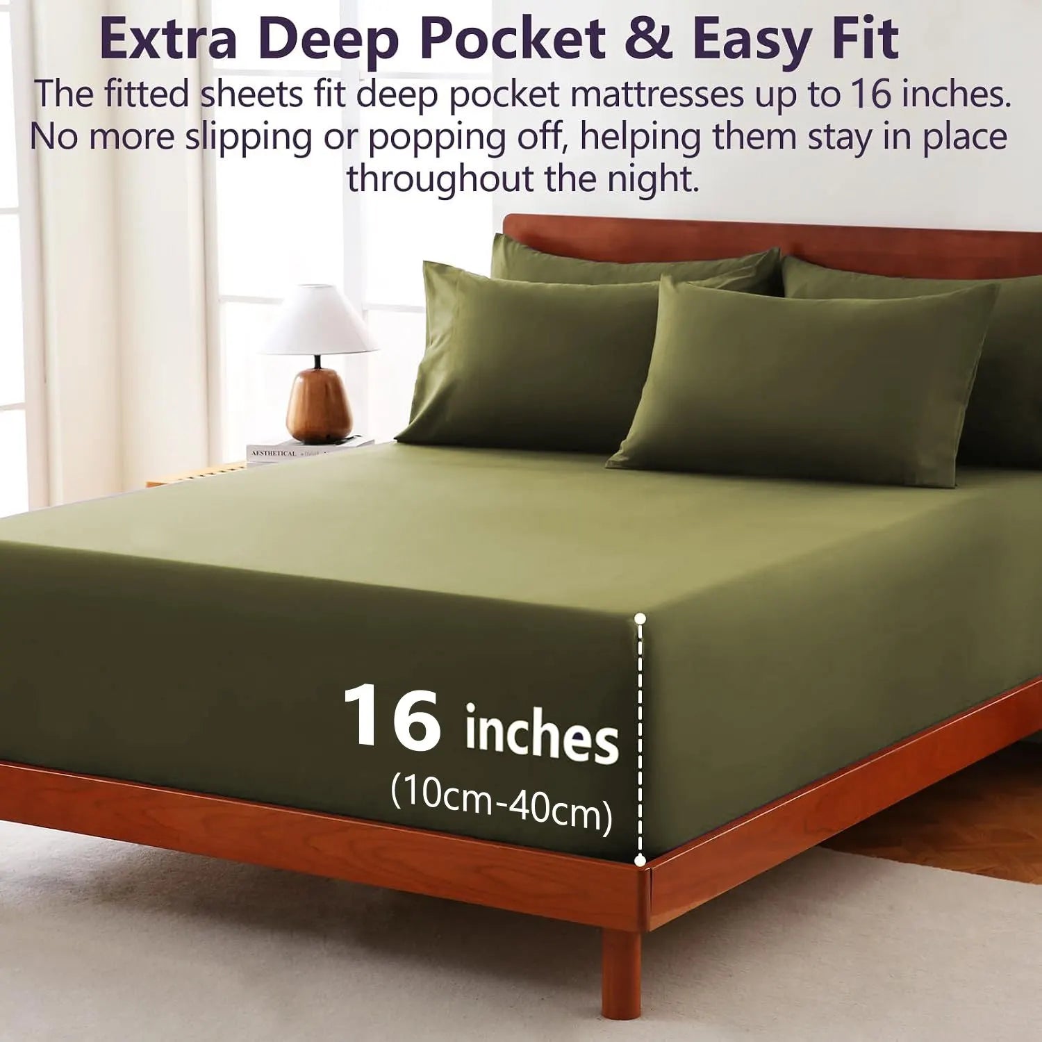 Hotel Soft Bed Sheet Set- Bedding Sheets & Pillowcases -Breathable Bedding - Wrinkle, Fade, Stain Resistant-Deep Pocket Flat Fitted Bed Sheet Set(Olive green,King) - Image 2