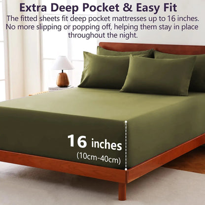 Hotel Soft Bed Sheet Set- Bedding Sheets & Pillowcases -Breathable Bedding - Wrinkle, Fade, Stain Resistant-Deep Pocket Flat Fitted Bed Sheet Set(Olive green,King) - Image 2