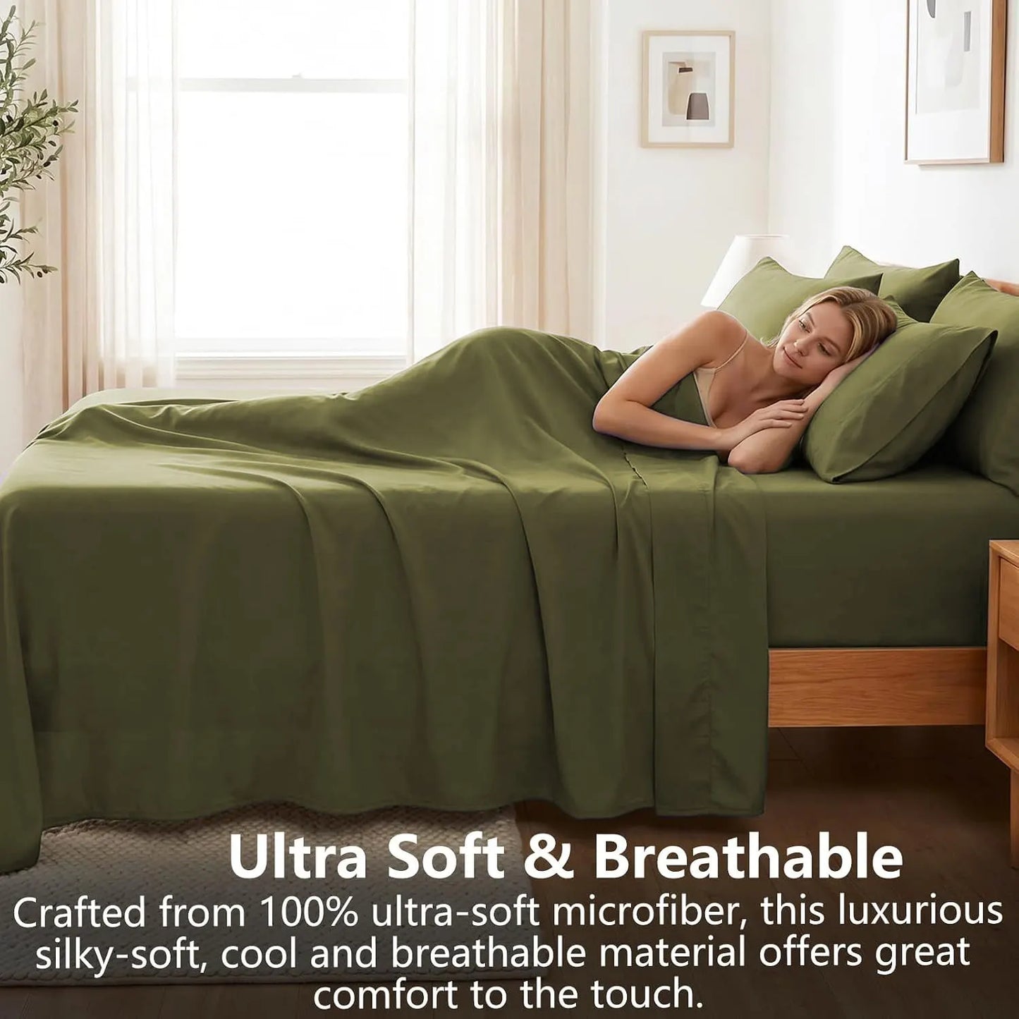 Hotel Soft Bed Sheet Set- Bedding Sheets & Pillowcases -Breathable Bedding - Wrinkle, Fade, Stain Resistant-Deep Pocket Flat Fitted Bed Sheet Set(Olive green,King) - Image 4