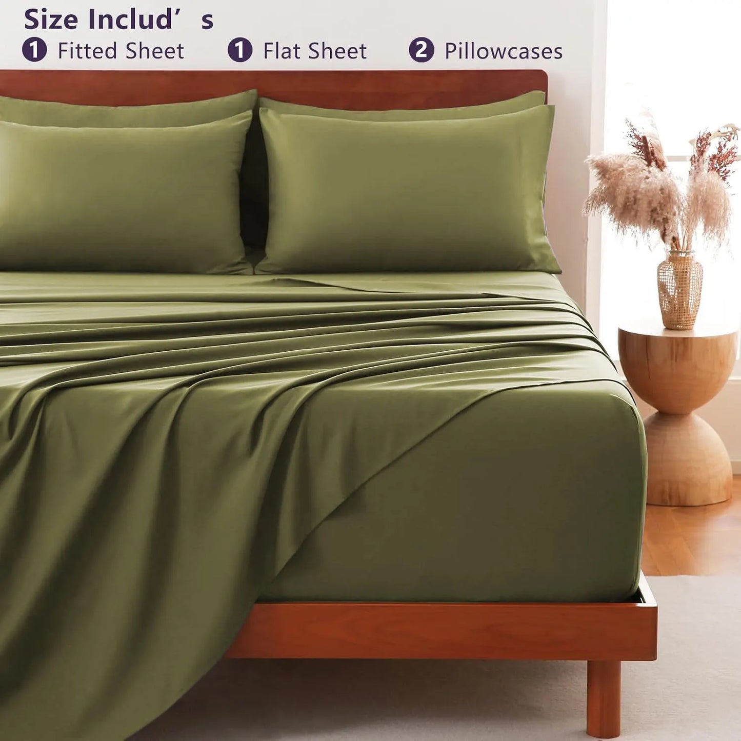 Hotel Soft Bed Sheet Set- Bedding Sheets & Pillowcases -Breathable Bedding - Wrinkle, Fade, Stain Resistant-Deep Pocket Flat Fitted Bed Sheet Set(Olive green,King) - Image 8