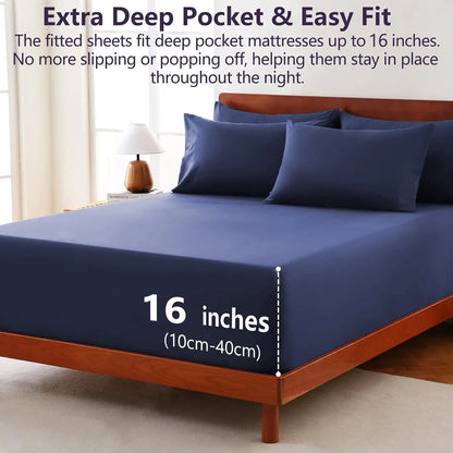 Hotel Soft Bed Sheet Set- Bedding Sheets & Pillowcases -Breathable Bedding - Wrinkle, Fade, Stain Resistant-Deep Pocket Flat Fitted Bed Sheet Set(Navy,King) - Image 2