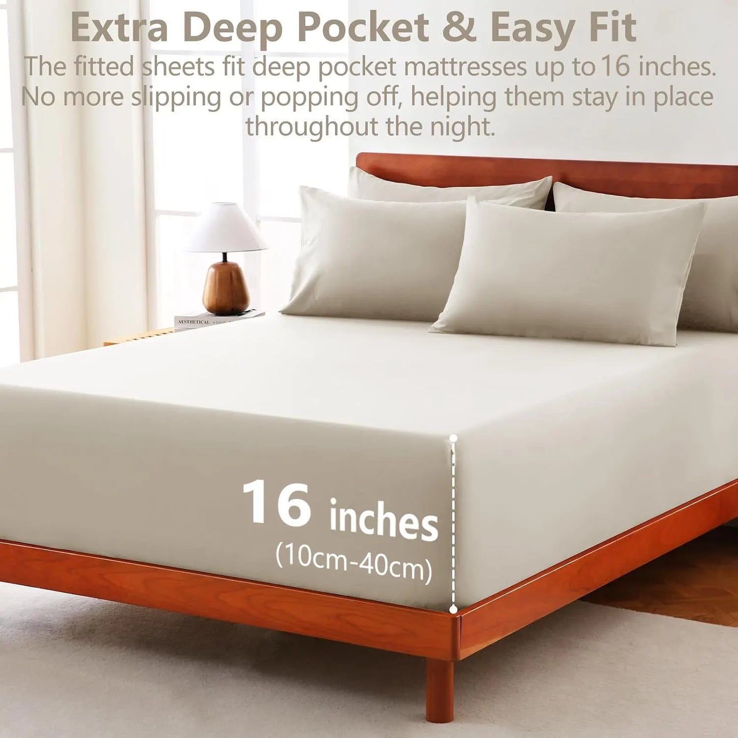 Hotel Soft Bed Sheet Set- Bedding Sheets & Pillowcases -Breathable Bedding - Wrinkle, Fade, Stain Resistant-Deep Pocket Flat Fitted Bed Sheet Set(Cream White,King) - Image 2