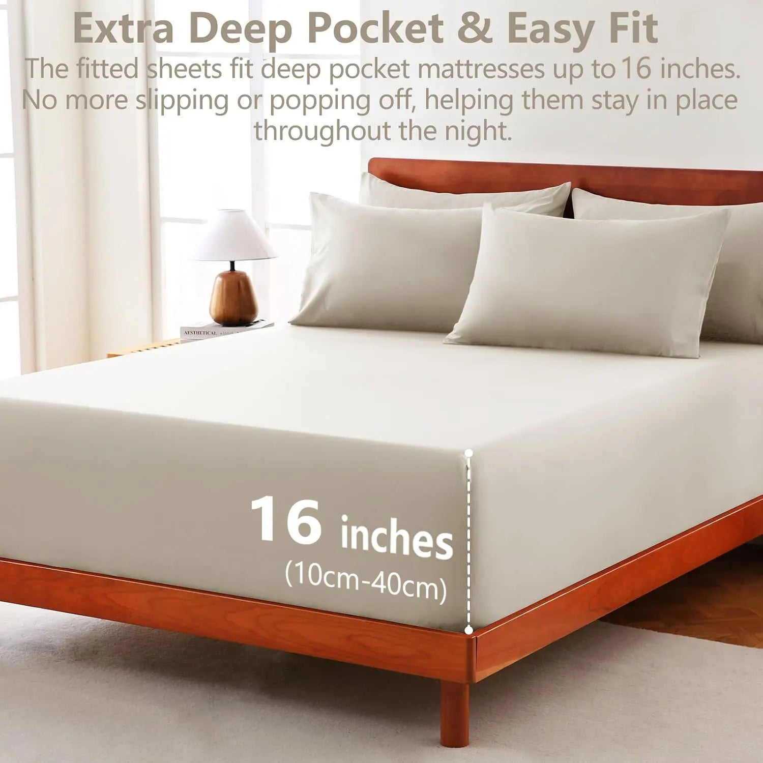 Hotel Soft Bed Sheet Set- Bedding Sheets & Pillowcases -Breathable Bedding - Wrinkle, Fade, Stain Resistant-Deep Pocket Flat Fitted Bed Sheet Set(Cream White,King) - Image 2
