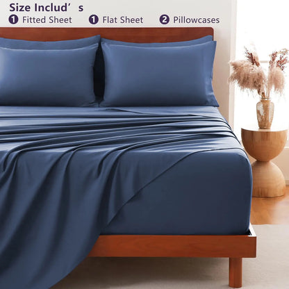 Hotel Soft Bed Sheet Set- Bedding Sheets & Pillowcases -Breathable Bedding - Wrinkle, Fade, Stain Resistant-Deep Pocket Flat Fitted Bed Sheet Set(Navy,King Single) - Image 8