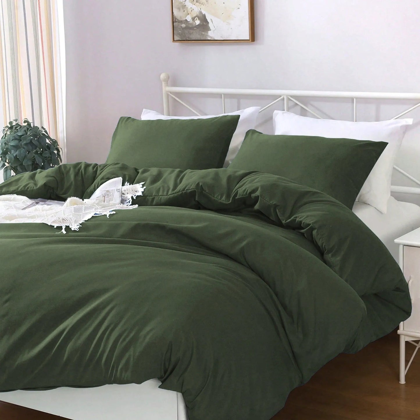 Hotel Soft Microfiber Duvet Cover Set-2000TC Quilt Cover Set & Pillowcases -1 Donna Cover Zipper Closure & 1 x Pillowcases-Breathable Bedding - Wrinkle, Fade, Stain Resistant(Olive green,Queen) - Image 2