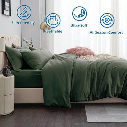 Hotel Soft Microfiber Duvet Cover Set-2000TC Quilt Cover Set & Pillowcases -1 Donna Cover Zipper Closure & 1 x Pillowcases-Breathable Bedding - Wrinkle, Fade, Stain Resistant(Olive green,Queen) - Image 3