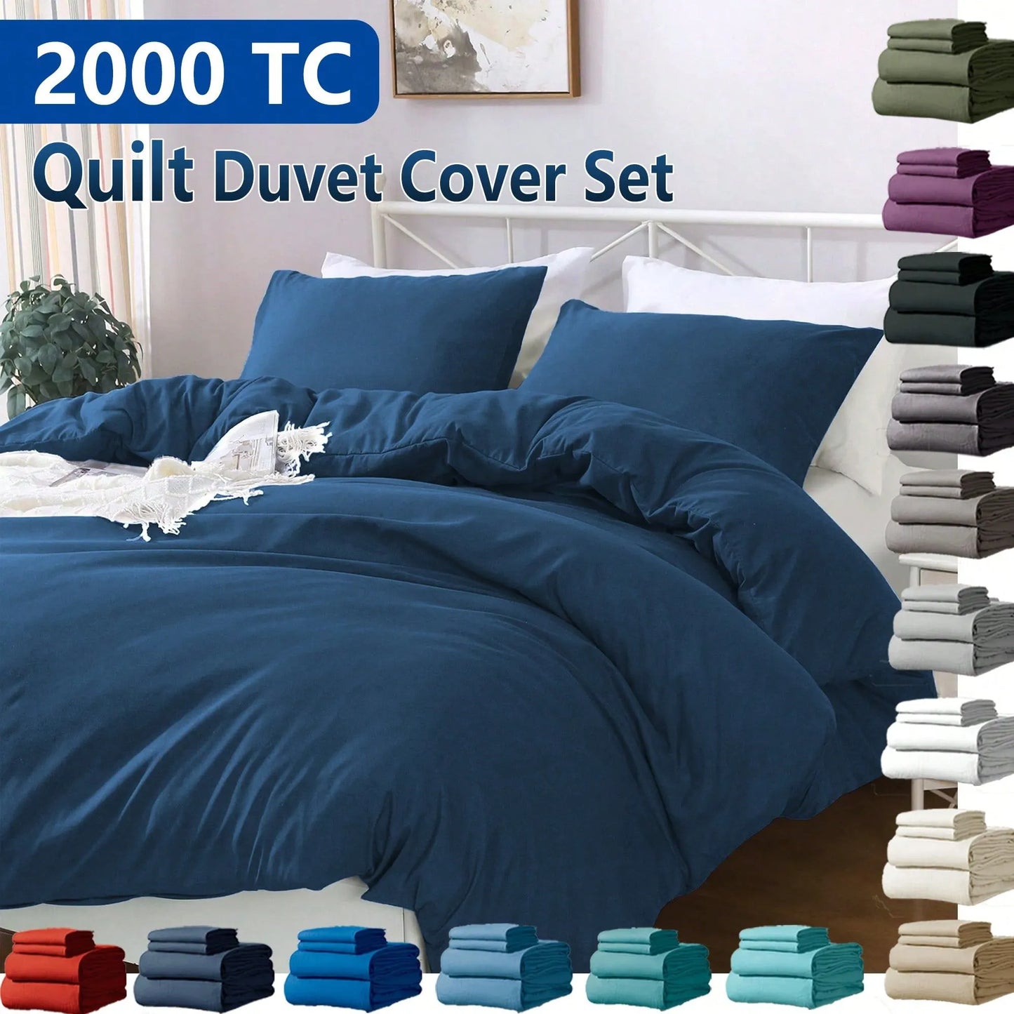 Hotel Soft Microfiber Duvet Cover Set-2000TC Quilt Cover Set & Pillowcases -1 Donna Cover Zipper Closure & 1 x Pillowcases-Breathable Bedding - Wrinkle, Fade, Stain Resistant(Navy,Queen)