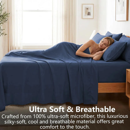 Hotel Soft Bed Sheet Set- Bedding Sheets & Pillowcases -Breathable Bedding - Wrinkle, Fade, Stain Resistant-Deep Pocket Flat Fitted Bed Sheet Set(Navy,Queen) - Image 4