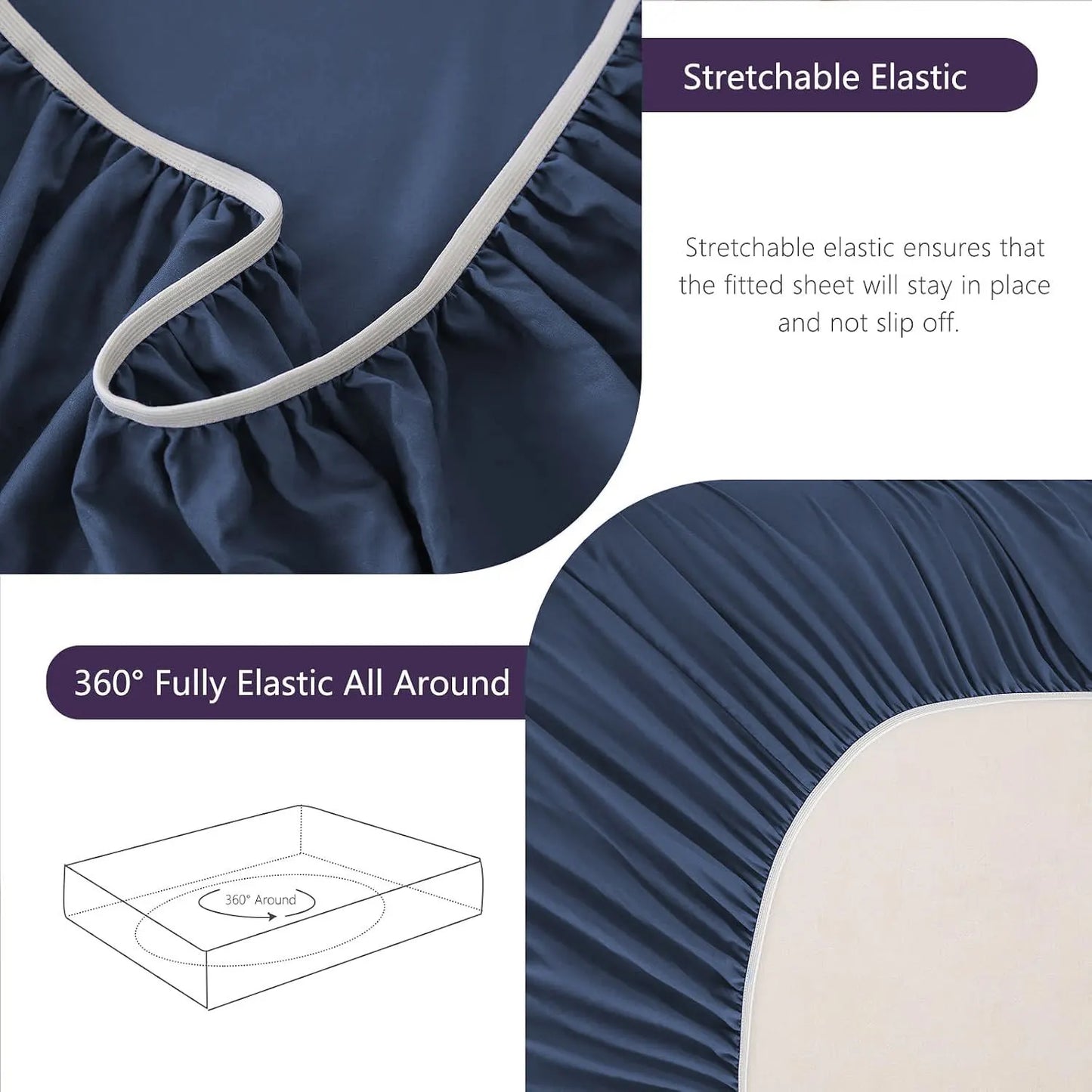 Hotel Soft Bed Sheet Set- Bedding Sheets & Pillowcases -Breathable Bedding - Wrinkle, Fade, Stain Resistant-Deep Pocket Flat Fitted Bed Sheet Set(Navy,Queen) - Image 7