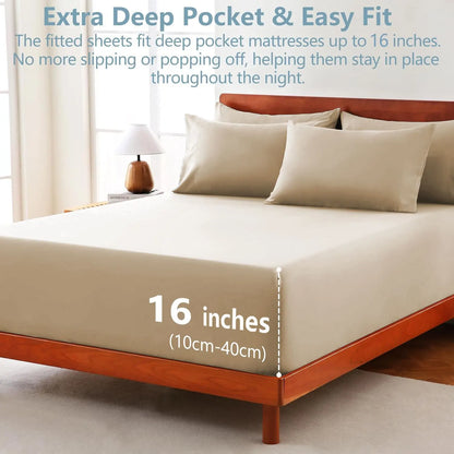 Hotel Soft Bed Sheet Set- Bedding Sheets & Pillowcases -Breathable Bedding - Wrinkle, Fade, Stain Resistant-Deep Pocket Flat Fitted Bed Sheet Set(Camel Beige,Queen) - Image 2