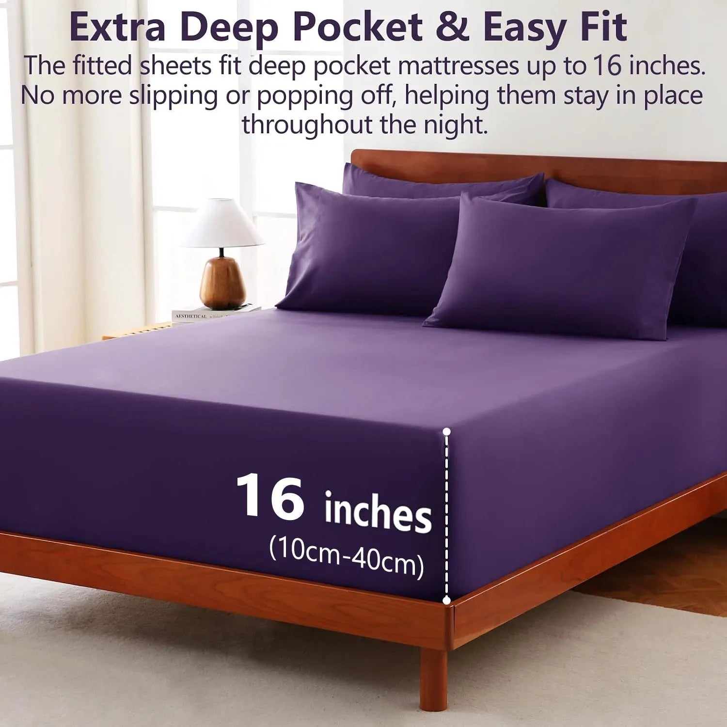 Hotel Soft Bed Sheet Set- Bedding Sheets & Pillowcases -Breathable Bedding - Wrinkle, Fade, Stain Resistant-Deep Pocket Flat Fitted Bed Sheet Set(Purple,Queen) - Image 2