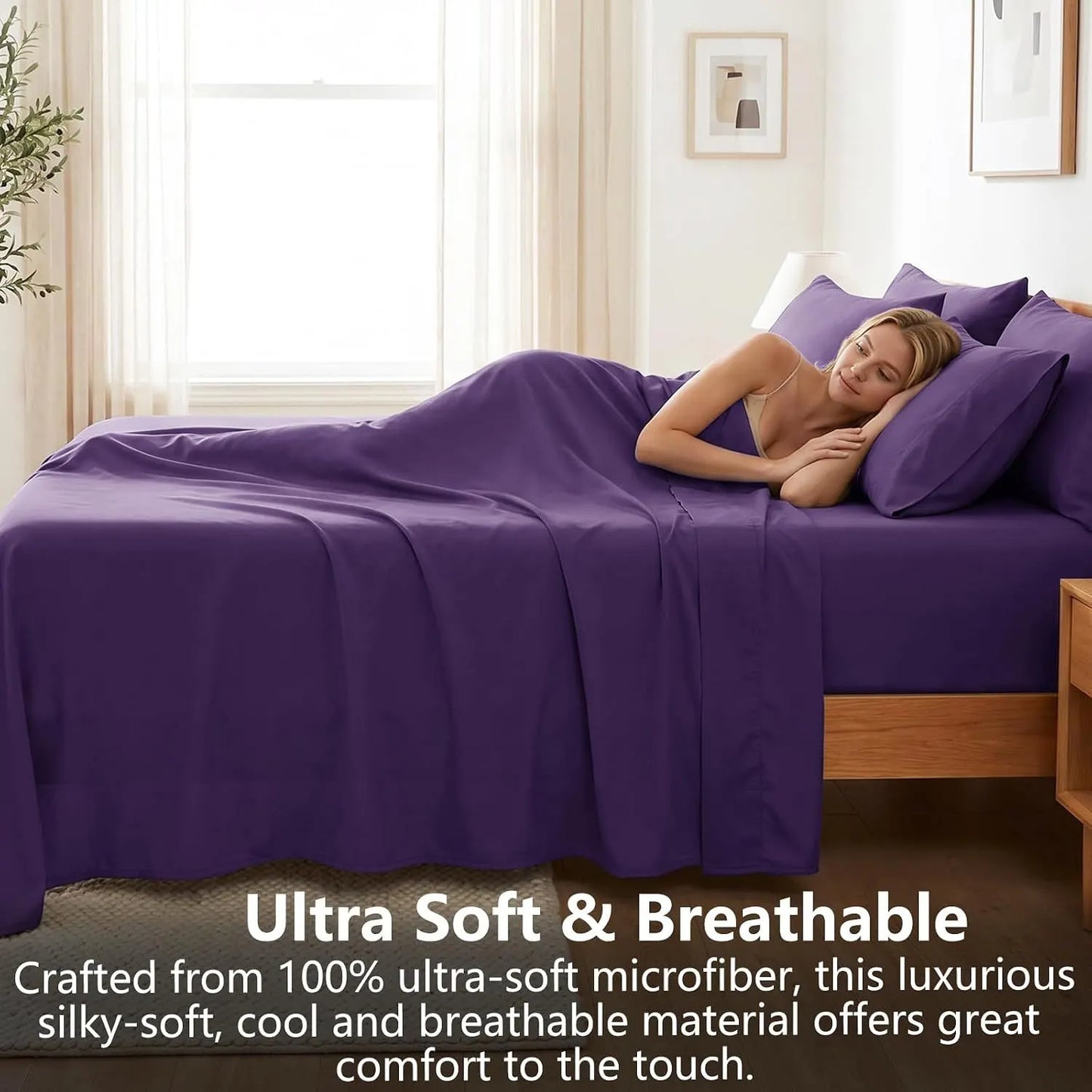 Hotel Soft Bed Sheet Set- Bedding Sheets & Pillowcases -Breathable Bedding - Wrinkle, Fade, Stain Resistant-Deep Pocket Flat Fitted Bed Sheet Set(Purple,Queen) - Image 4